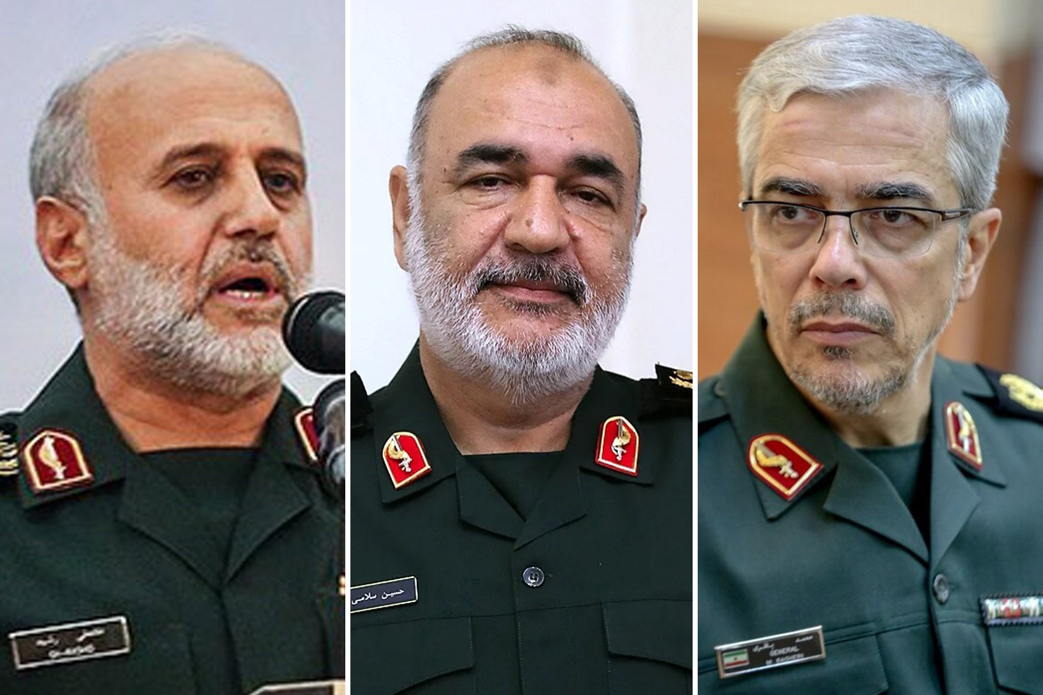 De izquierda a derecha: Gholam Ali Rashid, Hossein Salami y Mohammad Bagheri: Israel afirma haber eliminado a los tres principales mandos militares del régimen iraní en sus recientes ataques