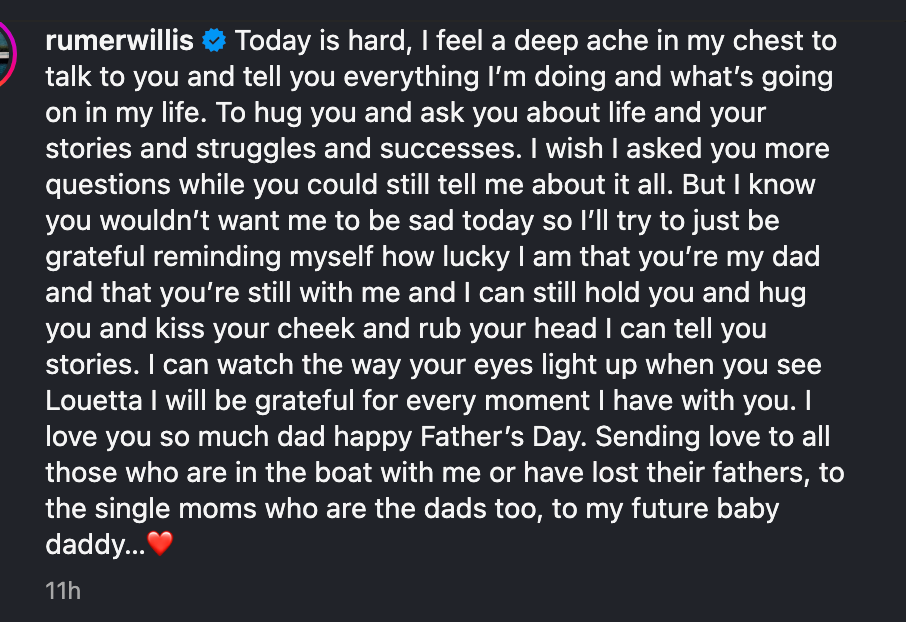Rumer Willis compartió una actualización sobre el diagnóstico de demencia de su padre Bruce