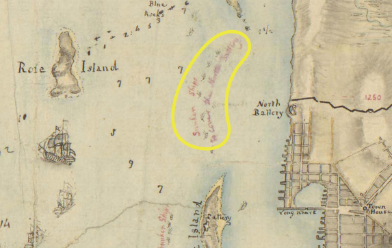 Edward Fage, [ Newport and its environs , circa 1778], Biblioteca William L. Clements, Universidad de Michigan, 8380. Obsérvense los “barcos hundidos” indicados al oeste de North Battery (rodeados por un círculo)