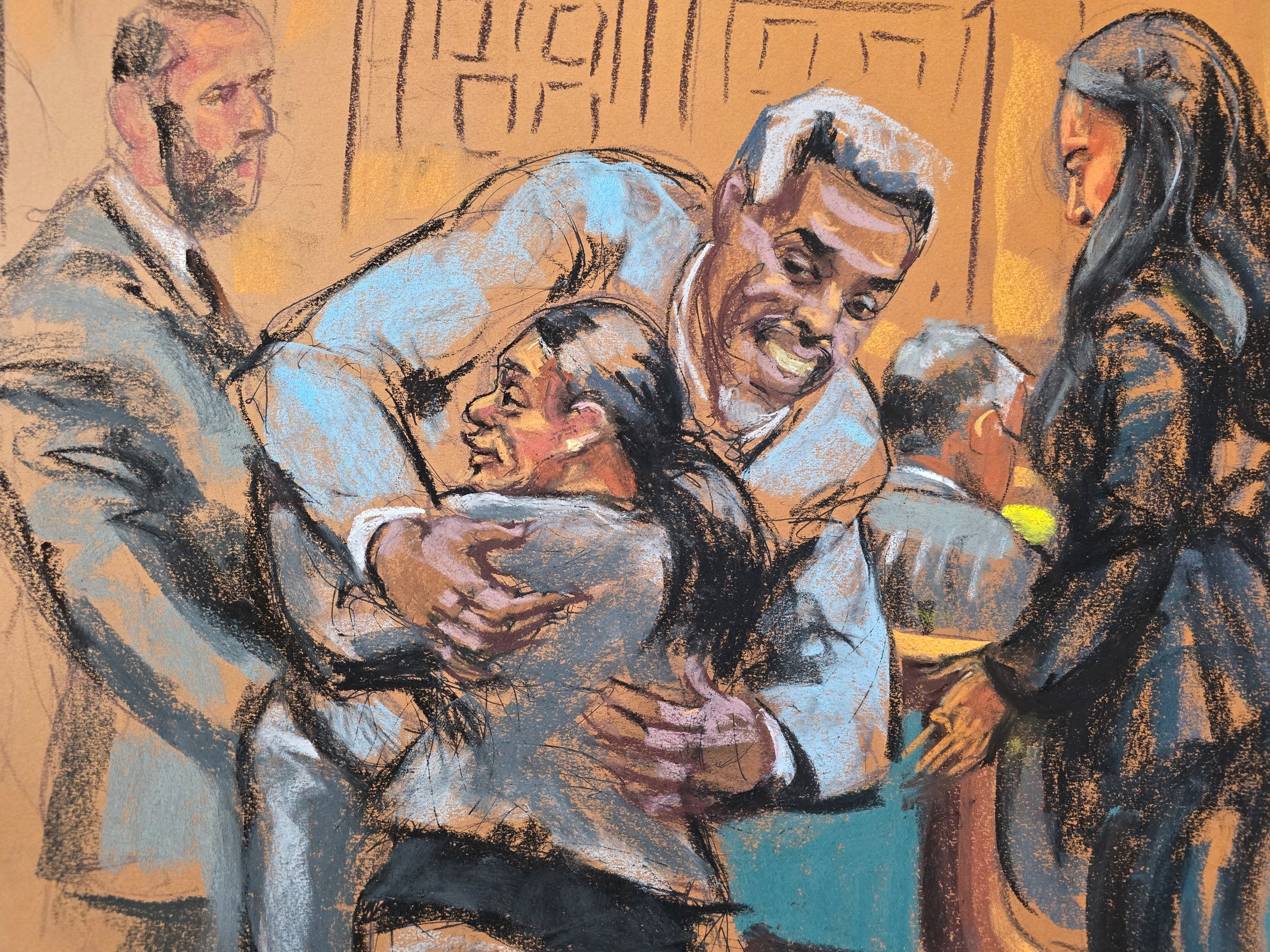 Sean “Diddy” Combs abraza a su abogada Nicole Westmoreland al entrar en la sala del tribunal. Su equipo legal confirmó que no subirá al estrado