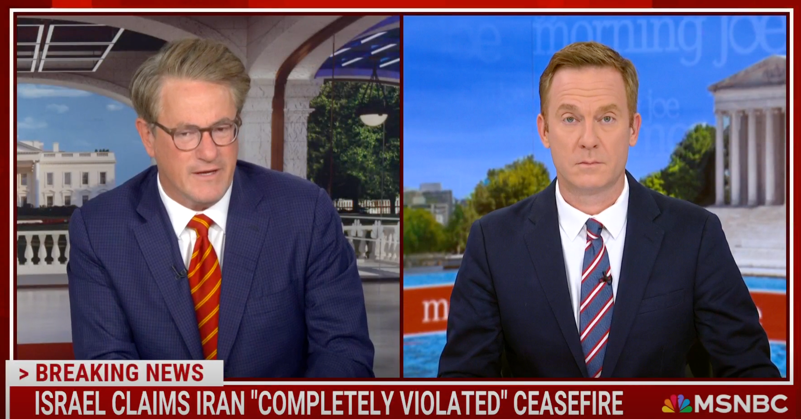 El martes 24 de junio de 2025, en el programa Morning Joe de MSNBC, Joe Scarborough y Jonathan Lemire analizaron el arrebato de Donald Trump tras el colapso del alto el fuego