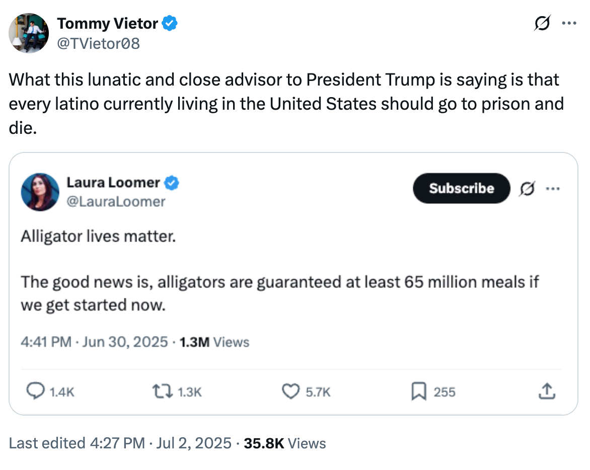 La activista de extrema derecha Laura Loomer recibió fuertes críticas tras sugerir que los caimanes del nuevo centro de detención para inmigrantes en Florida, impulsado por el presidente Donald Trump, se alimentarían de los 65 millones de latinos que residen en Estados Unidos.