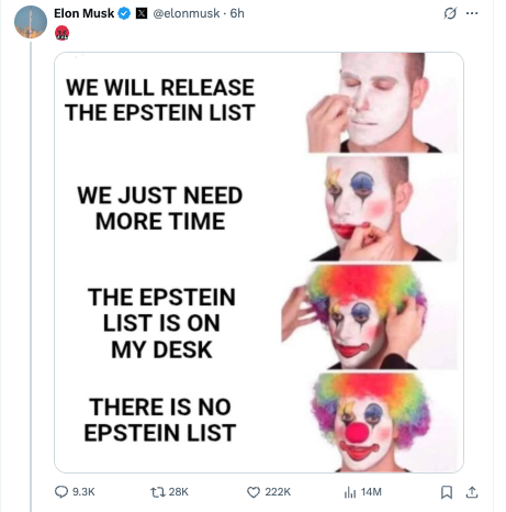 Uno de los memes que publicó en X mostraba la reacción al nuevo documento del Departamento de Justicia, el cual sostiene que Jeffrey Epstein no tenía una “lista de clientes”.