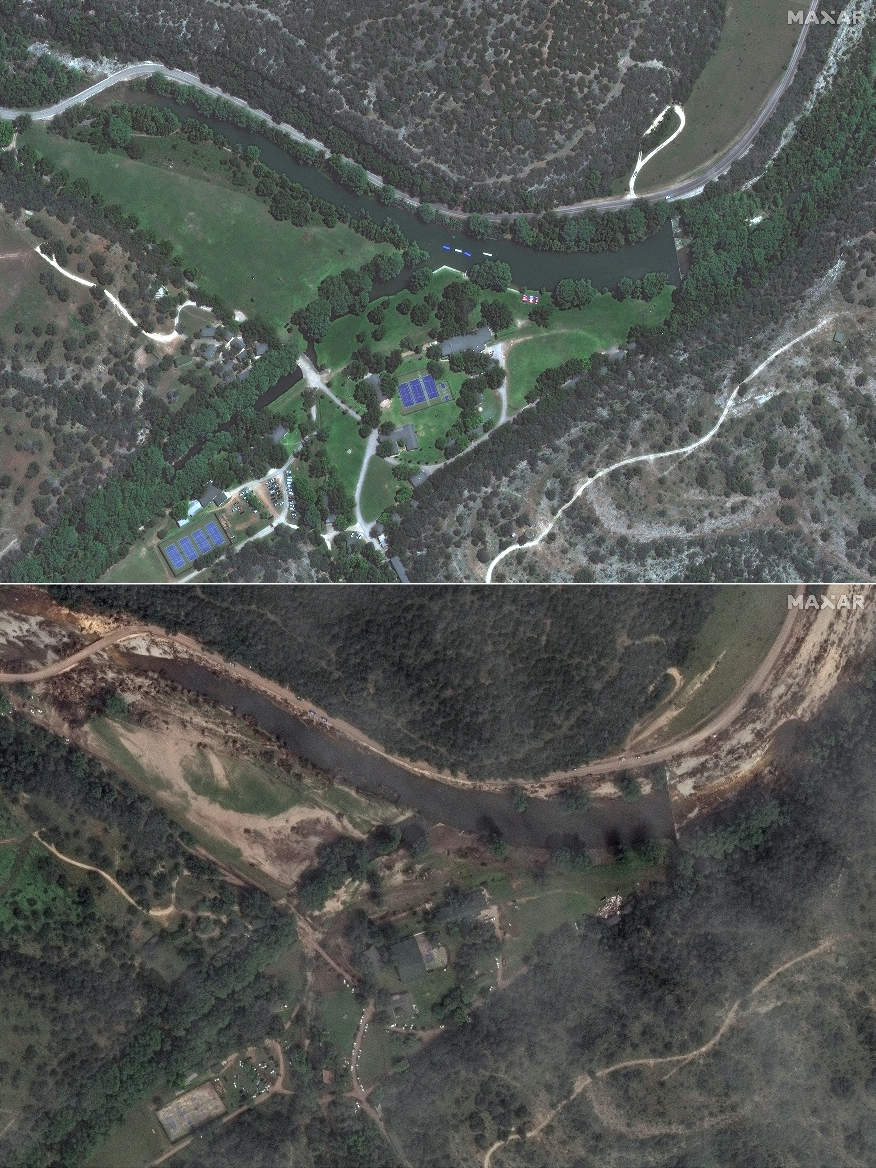 Campamento Mystic, antes (arriba) y después de la crecida del río Guadalupe el viernes, que inundó por completo este campamento de verano exclusivo para niñas. Al menos 27 niñas y miembros del personal murieron, y seis continúan desaparecidos