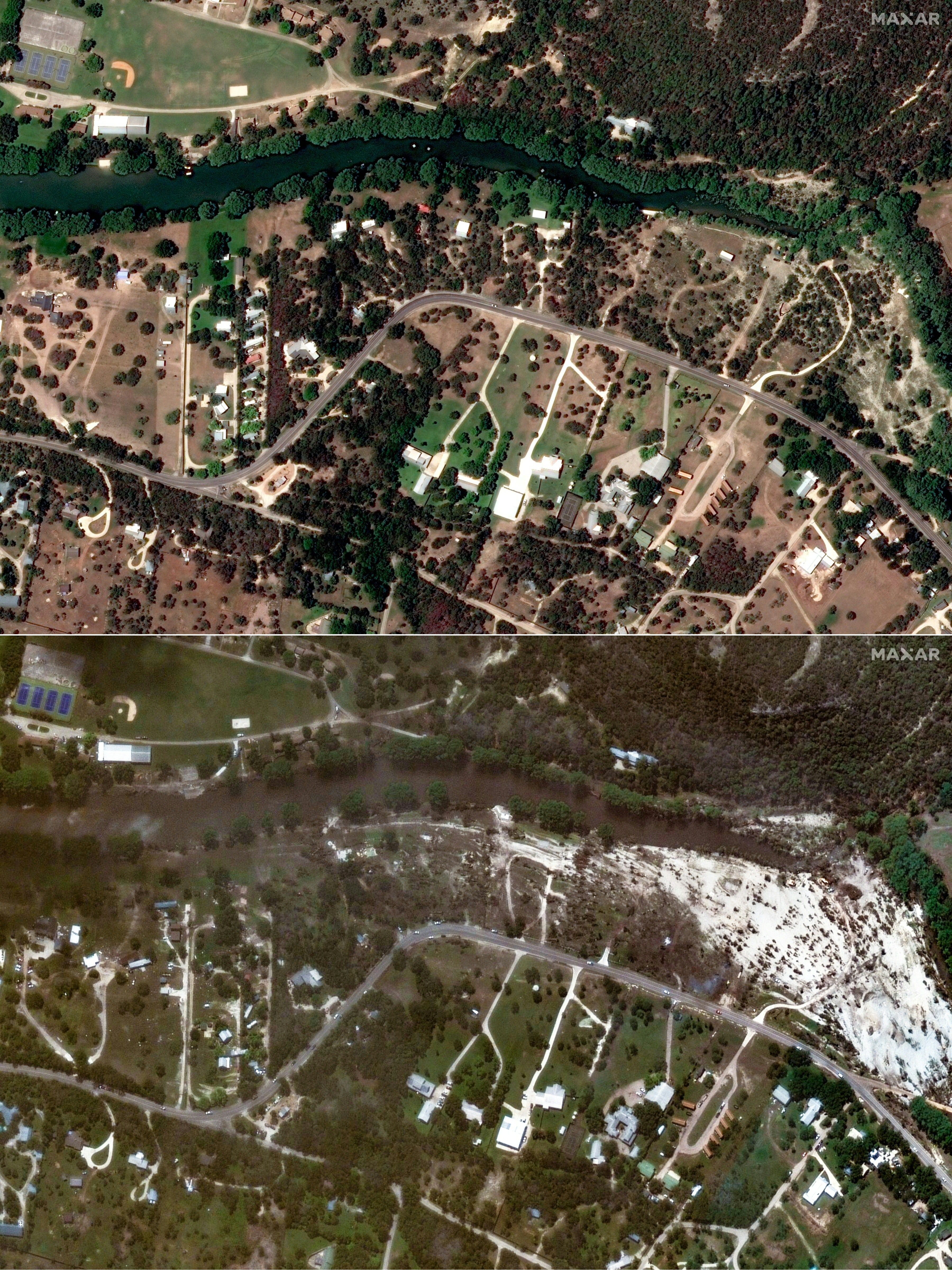 Imagen de la carretera 39 antes (arriba) y después de la crecida del río Guadalupe el viernes. Los equipos de rescate informan que enfrentan grandes dificultades para atravesar acumulaciones de escombros, mientras la búsqueda entra en su séptimo día