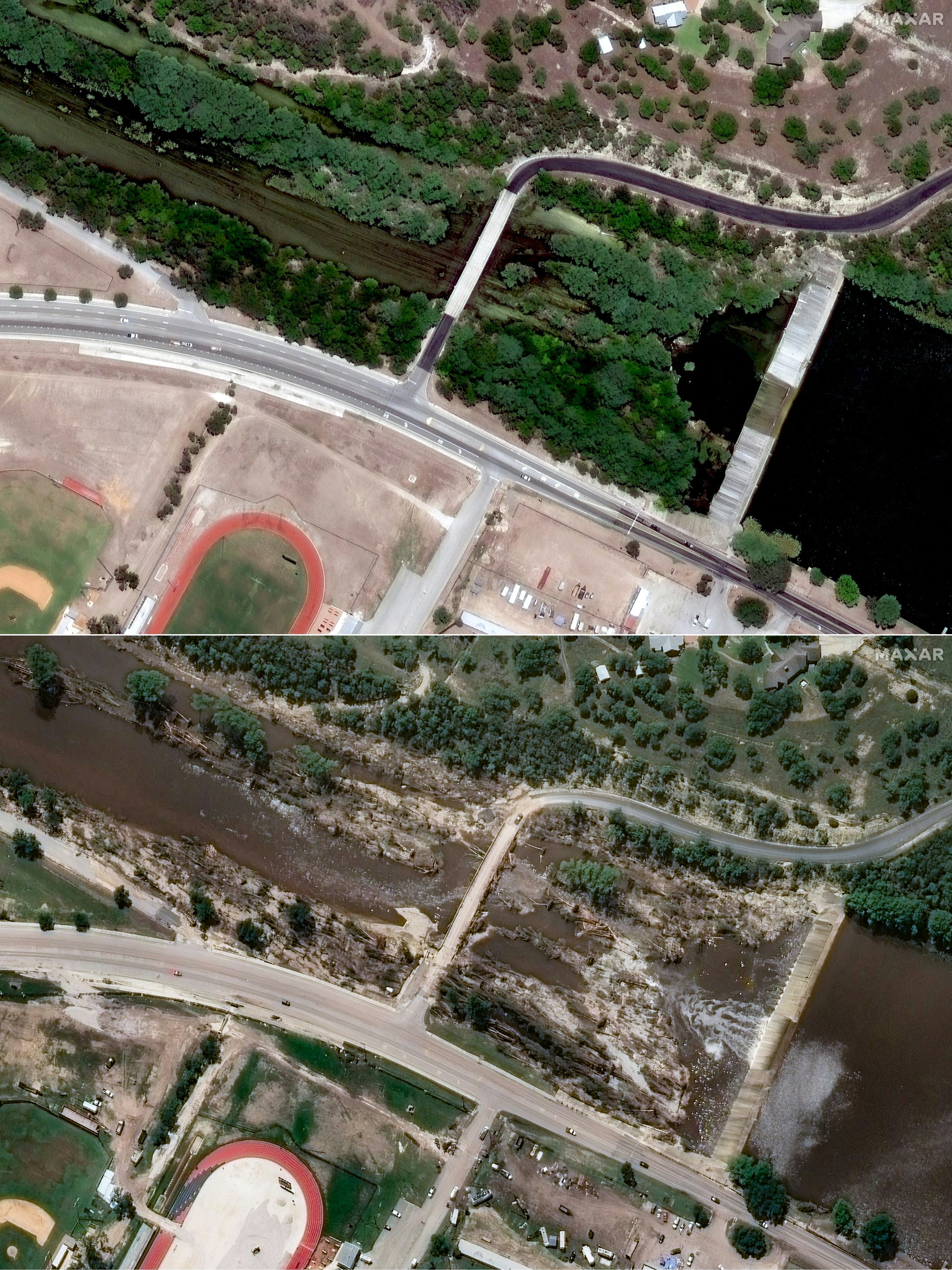 Imagen de la carretera 39 antes (arriba) y después de la crecida del río Guadalupe el viernes. Legisladores federales y estatales cuestionan ahora la respuesta de las autoridades ante las inundaciones y algunos señalan una evidente falta de preparación frente a la emergencia