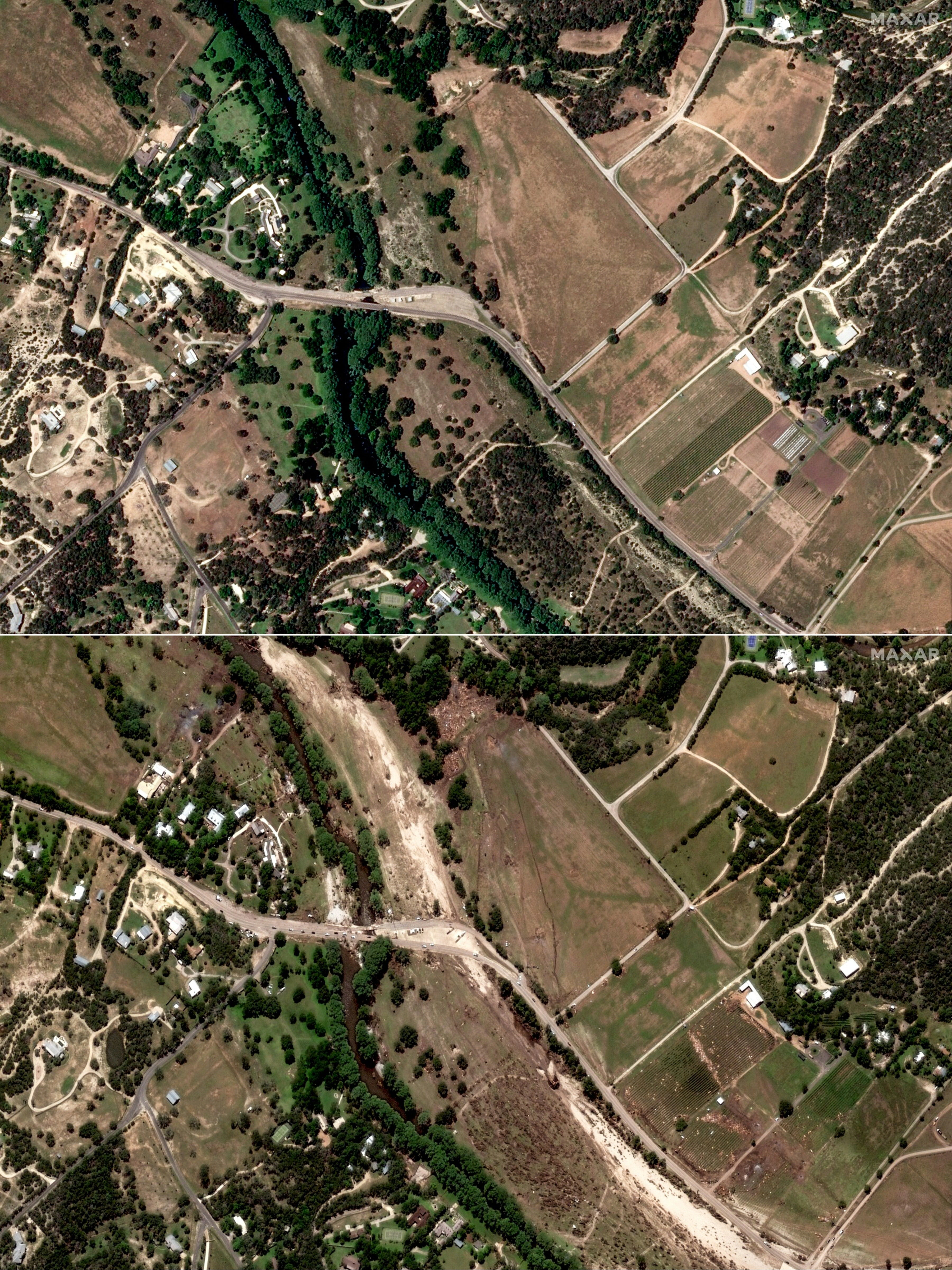 Imagen de la carretera 39 antes (arriba) y después de la crecida del río Guadalupe ocurrida el viernes