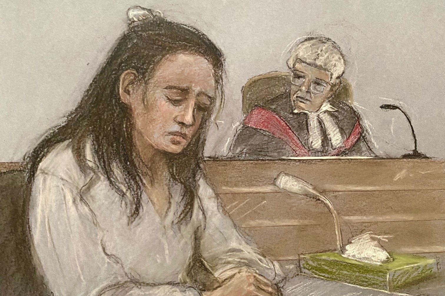 Boceto judicial de Elizabeth Cook que muestra a Constance Marten en el tribunal de Old Bailey, en el centro de Londres (Elizabeth Cook/PA)