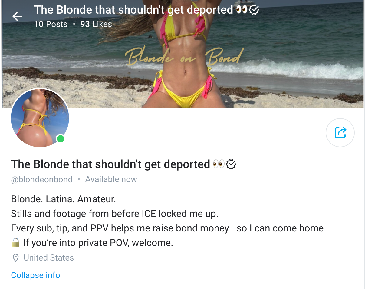 En una captura de pantalla de su cuenta de OnlyFans, administrada por su esposo mientras ella permanece detenida por el ICE, se muestra el esfuerzo de la pareja por cubrir los gastos legales.