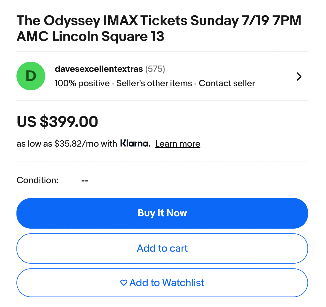 Un aficionado ya ha colgado en eBay dos entradas para ver 'La Odisea' en julio de 2026 por $399