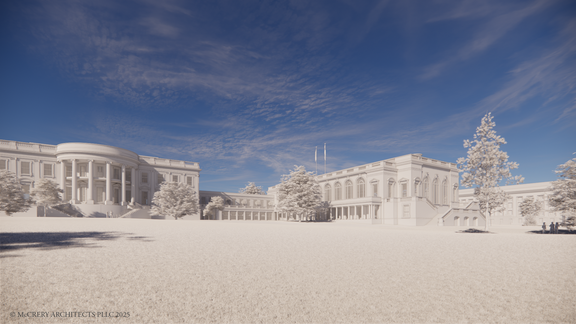 Representación arquitectónica del propuesto salón de baile de la Casa Blanca en relación con la Residencia Ejecutiva, vista desde el jardín sur
