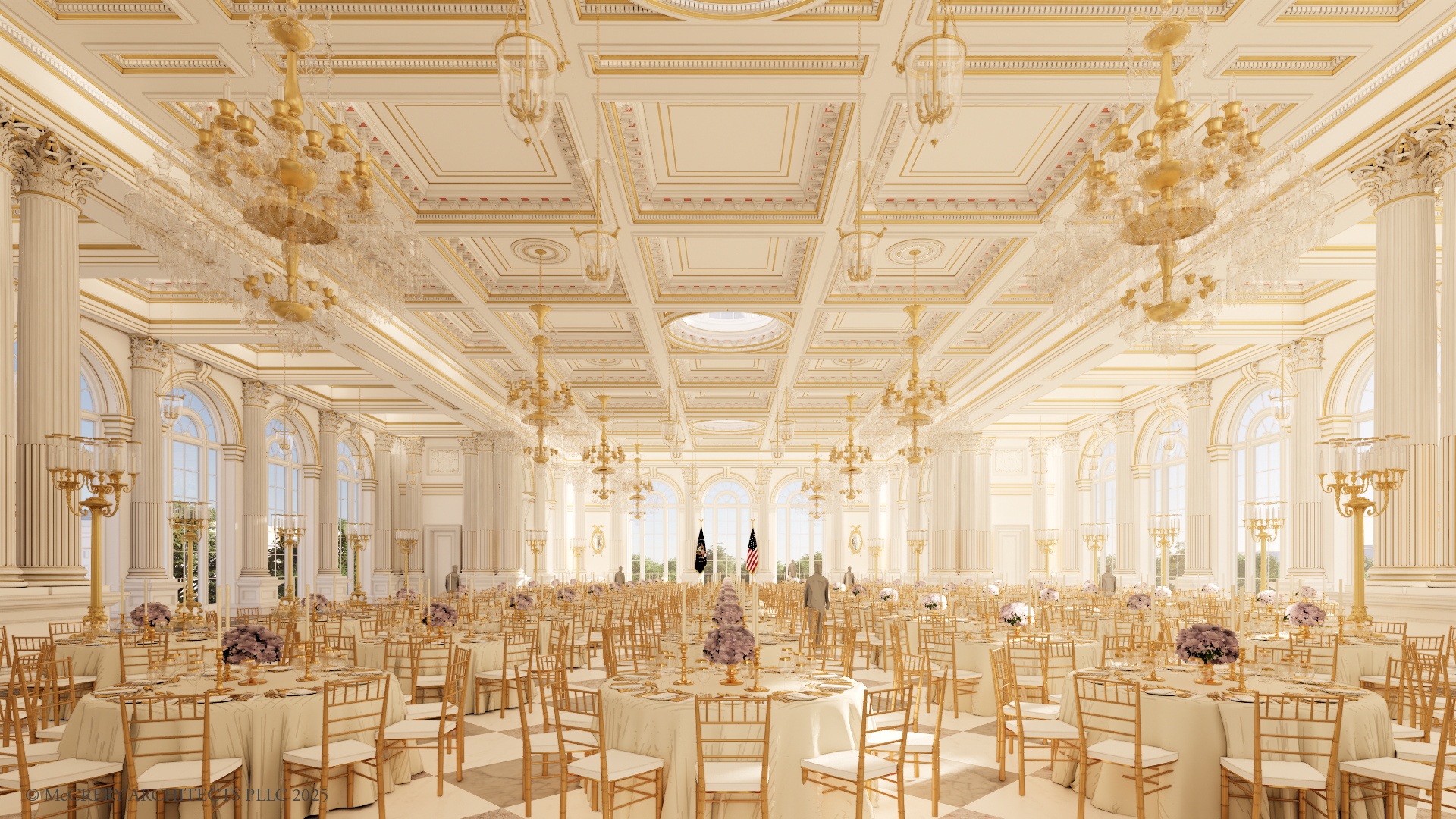Imagen digital proporcionada por la Casa Blanca del futuro salón de baile ya terminado