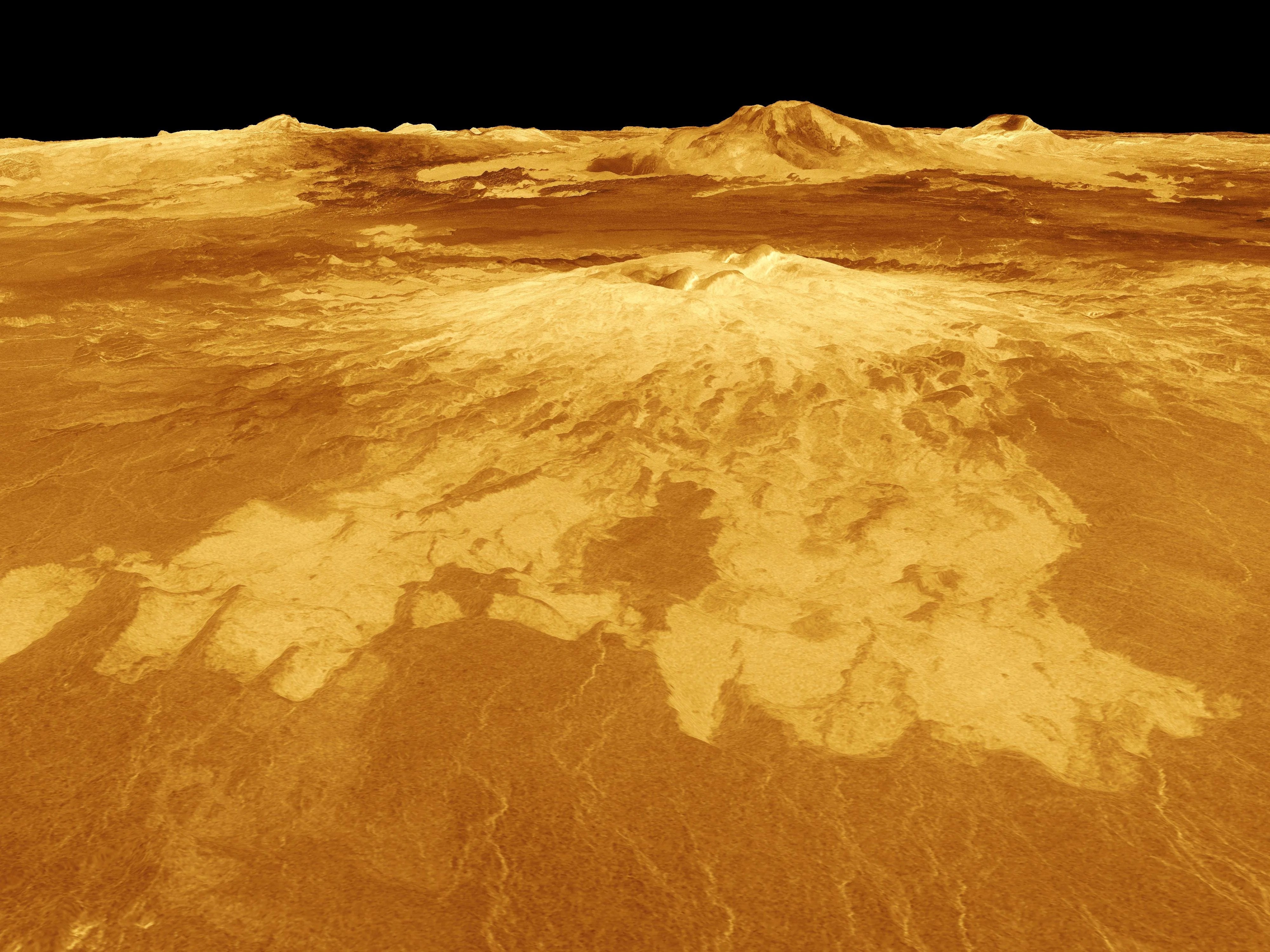 Vista en perspectiva tridimensional de la superficie de Venus, generada por computadora