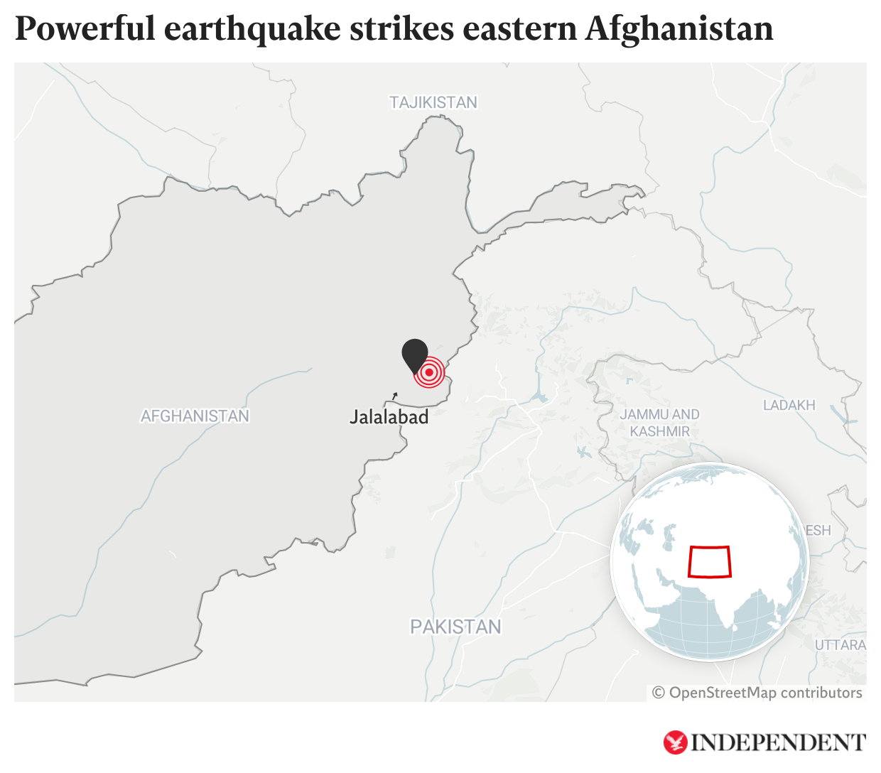El mapa señala la zona cercana a Jalalabad donde ocurrió el terremoto de magnitud 6.0
