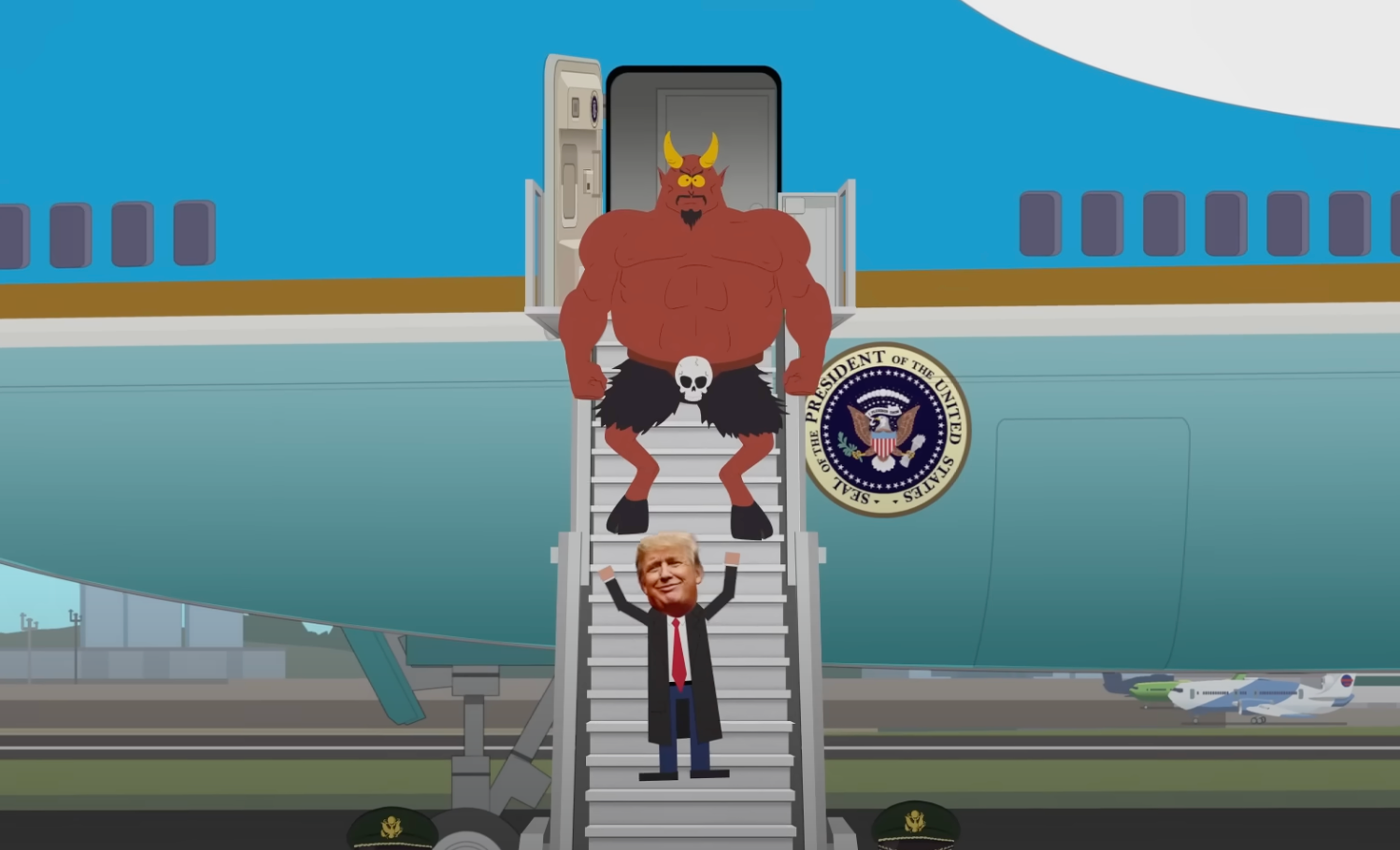 Trump y Satán bajan las escaleras del avión presidencial de EE. UU., Air Force One, en el último episodio de South Park