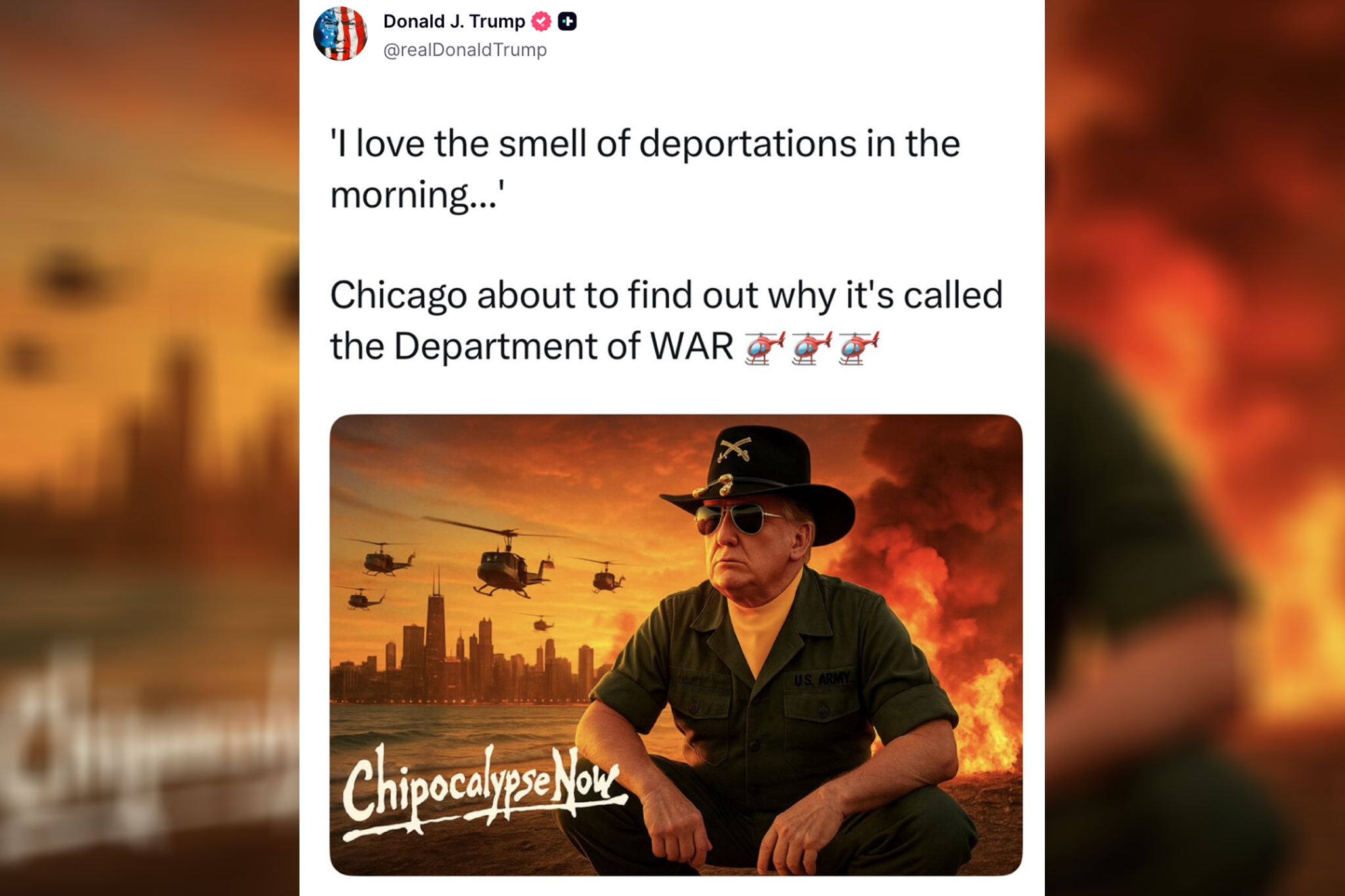 Trump compartió el sábado una imagen generada por IA en la que aparece vestido de vaquero frente a un Chicago en llamas