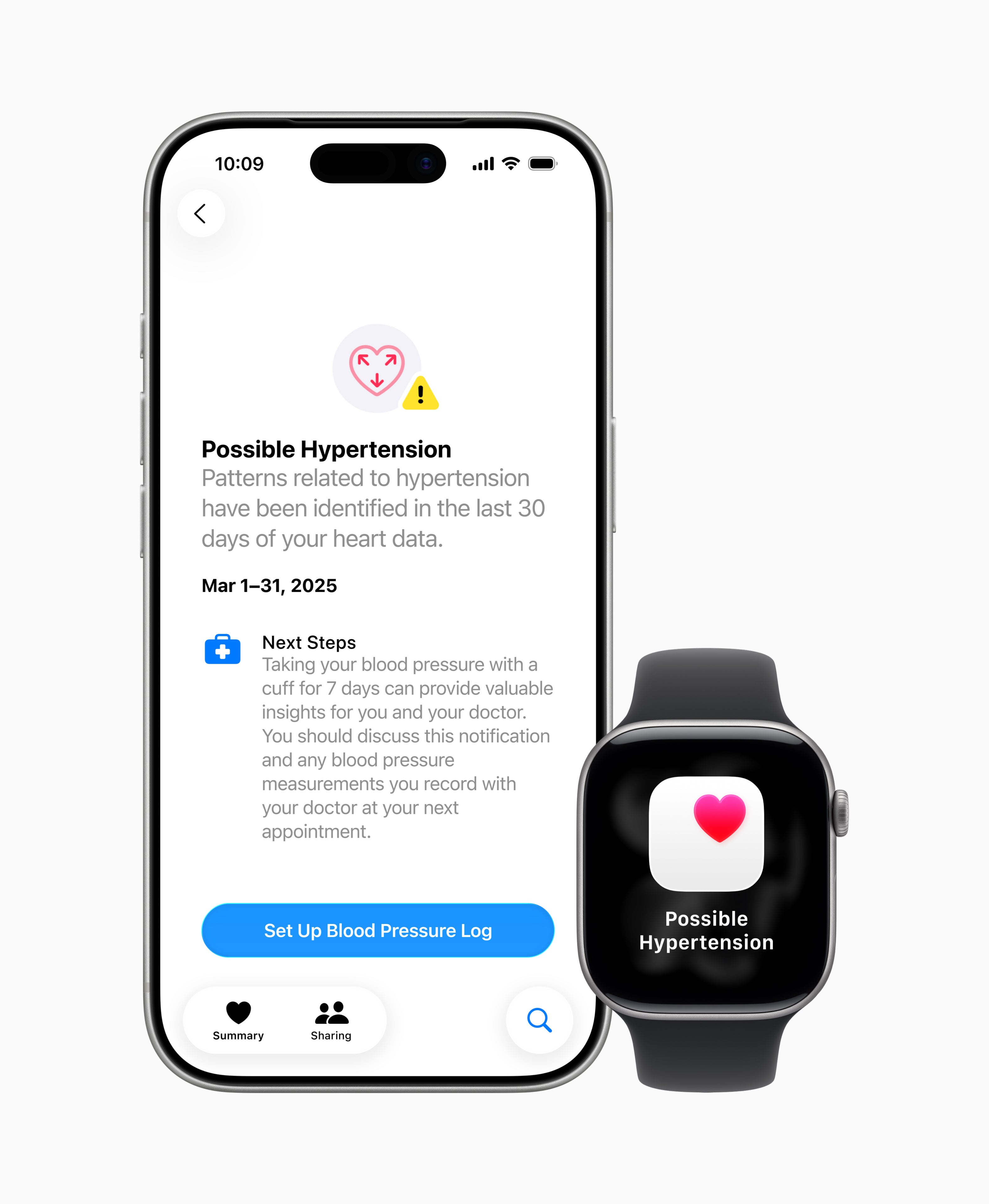 Apple Watch y teléfono con notificación de presión arterial alta