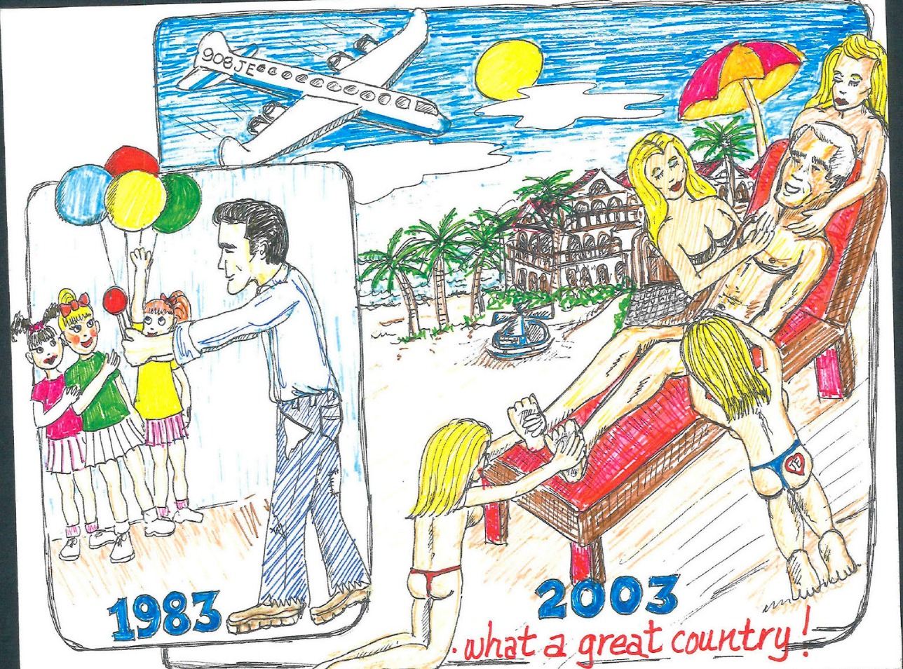 Una viñeta del libro de cumpleaños de Jeffrey Epstein lo muestra recibiendo masajes de mujeres en una playa y regalando una paleta y globos a las niñas