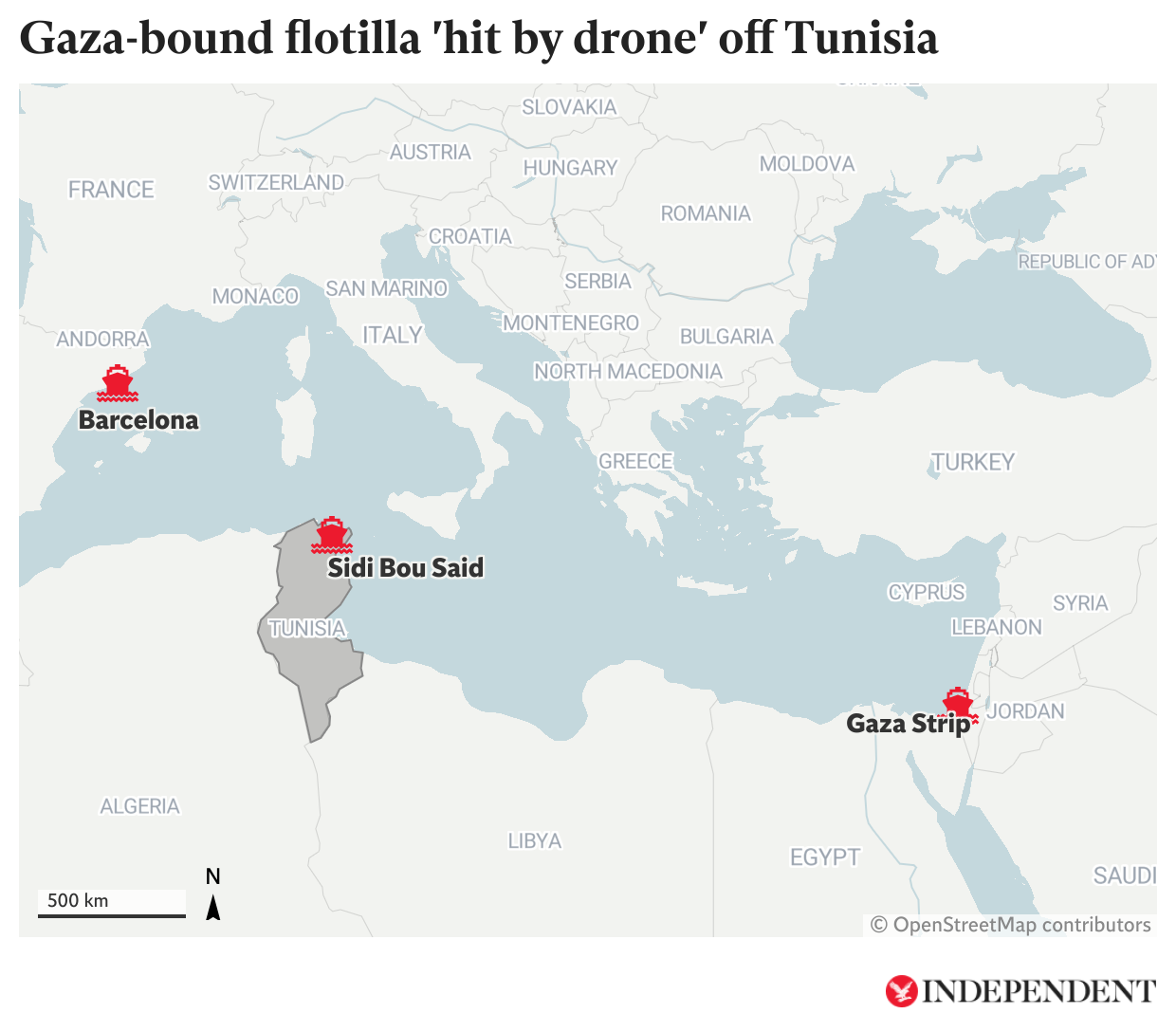 La flotilla con destino a Gaza inició su viaje desde Barcelona a principios de este mes y llegó al puerto tunecino de Sidi Bou Said el fin de semana. Antes del incidente del lunes por la noche, se esperaba que llegara a Gaza a finales de este mes