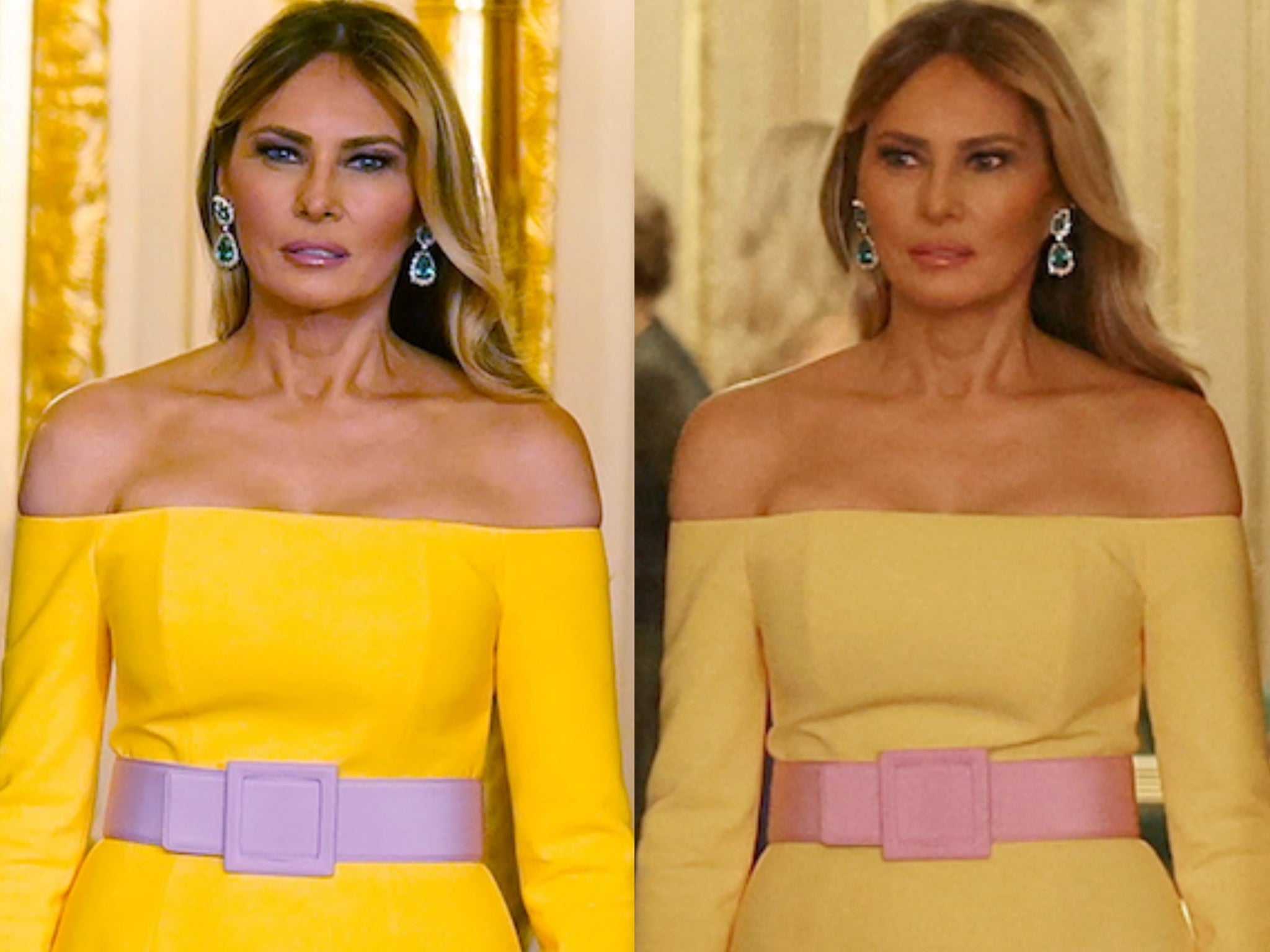 El conjunto de vestido y cinturón de Melania Trump ha generado confusión en redes por sus colores cambiantes