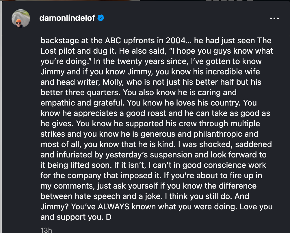 El cocreador de ‘Lost’ Damon Lindelof promete no trabajar con Disney hasta que regrese a Jimmy Kimmel