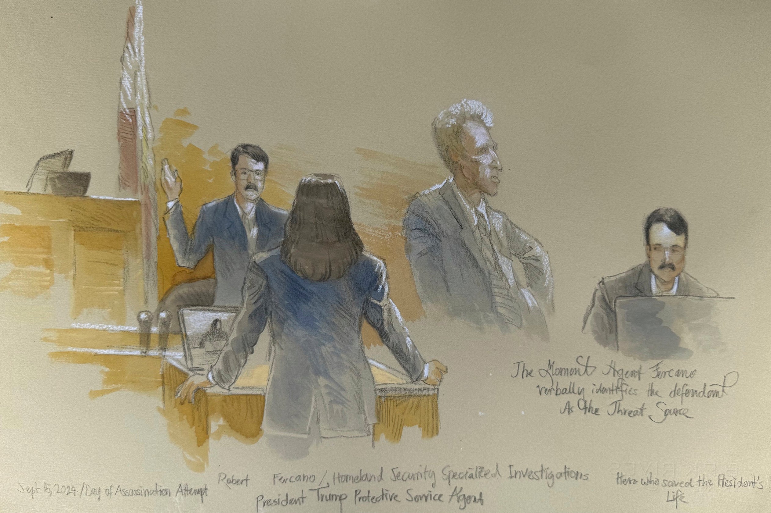 Boceto judicial: un agente del Servicio Secreto identifica a Ryan Routh como el autor del intento de asesinato contra Trump, el 11 de septiembre en la corte federal