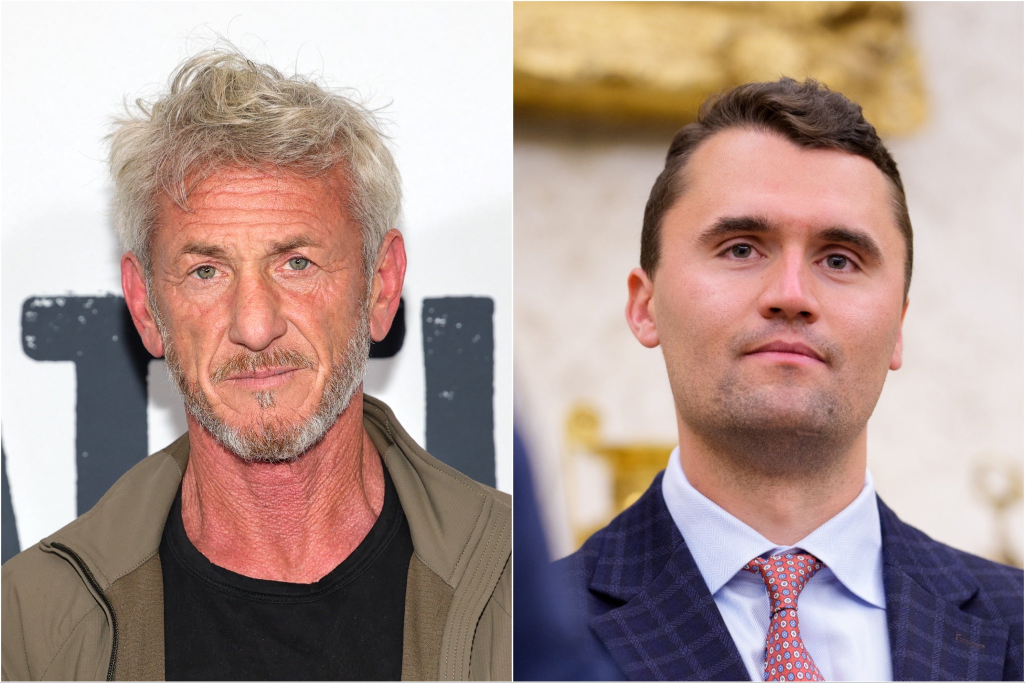 El actor Sean Penn, quien desde hace mucho tiempo ha sido muy abierto con respecto a sus opiniones políticas, y el fallecido activista de derecha Charlie Kirk
