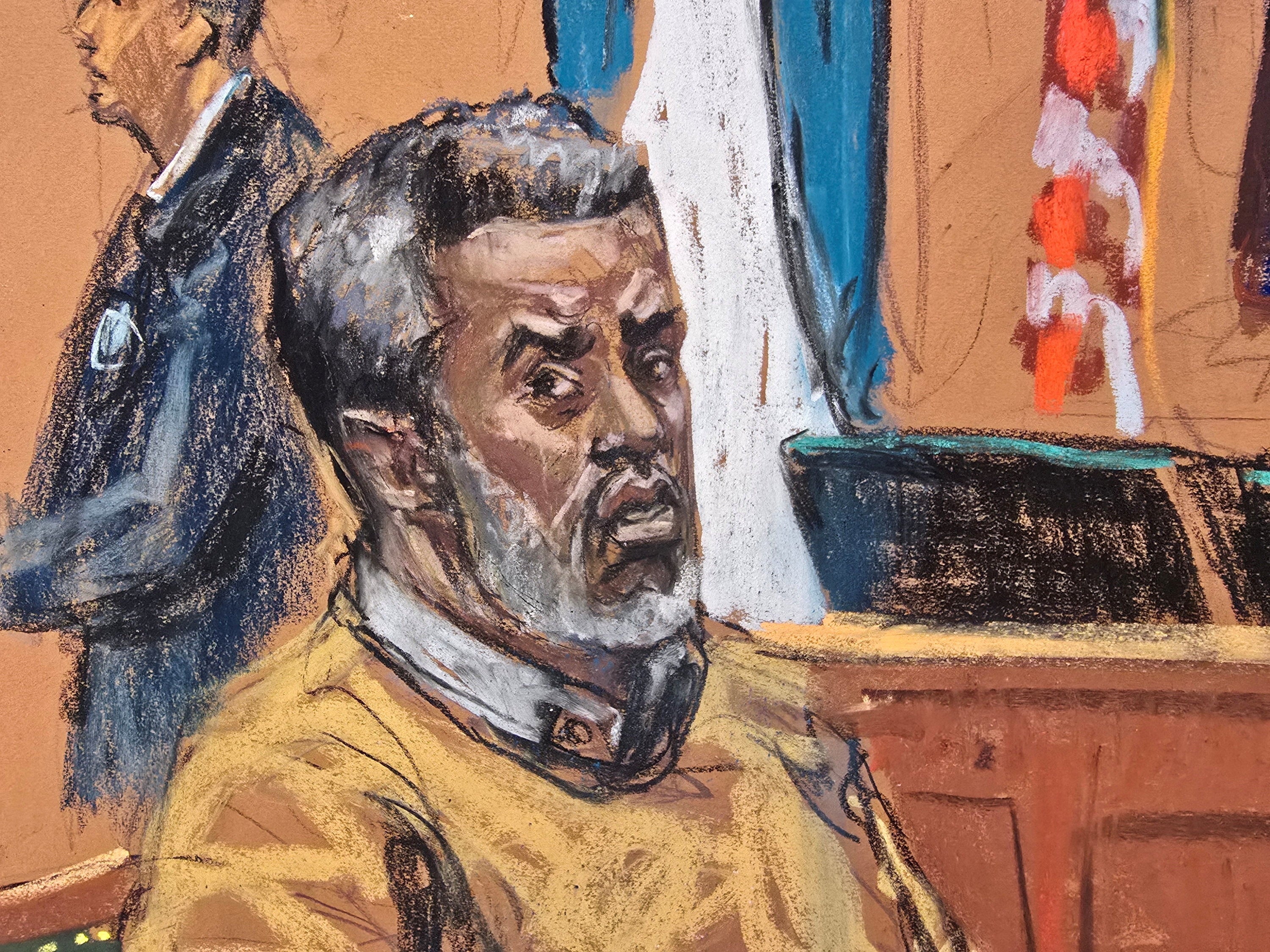 Combs, representado en un boceto de la sala del tribunal, afirmó su inocencia durante todo el juicio y la sentencia; los abogados del magnate de la música indicaron el lunes que planean apelar