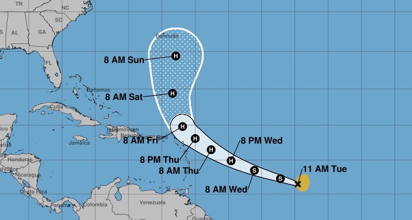 Mapa con la trayectoria estimada de la tormenta tropical Jerry. El Centro Nacional de Huracanes advierte que aún existen múltiples escenarios posibles sobre su recorrido