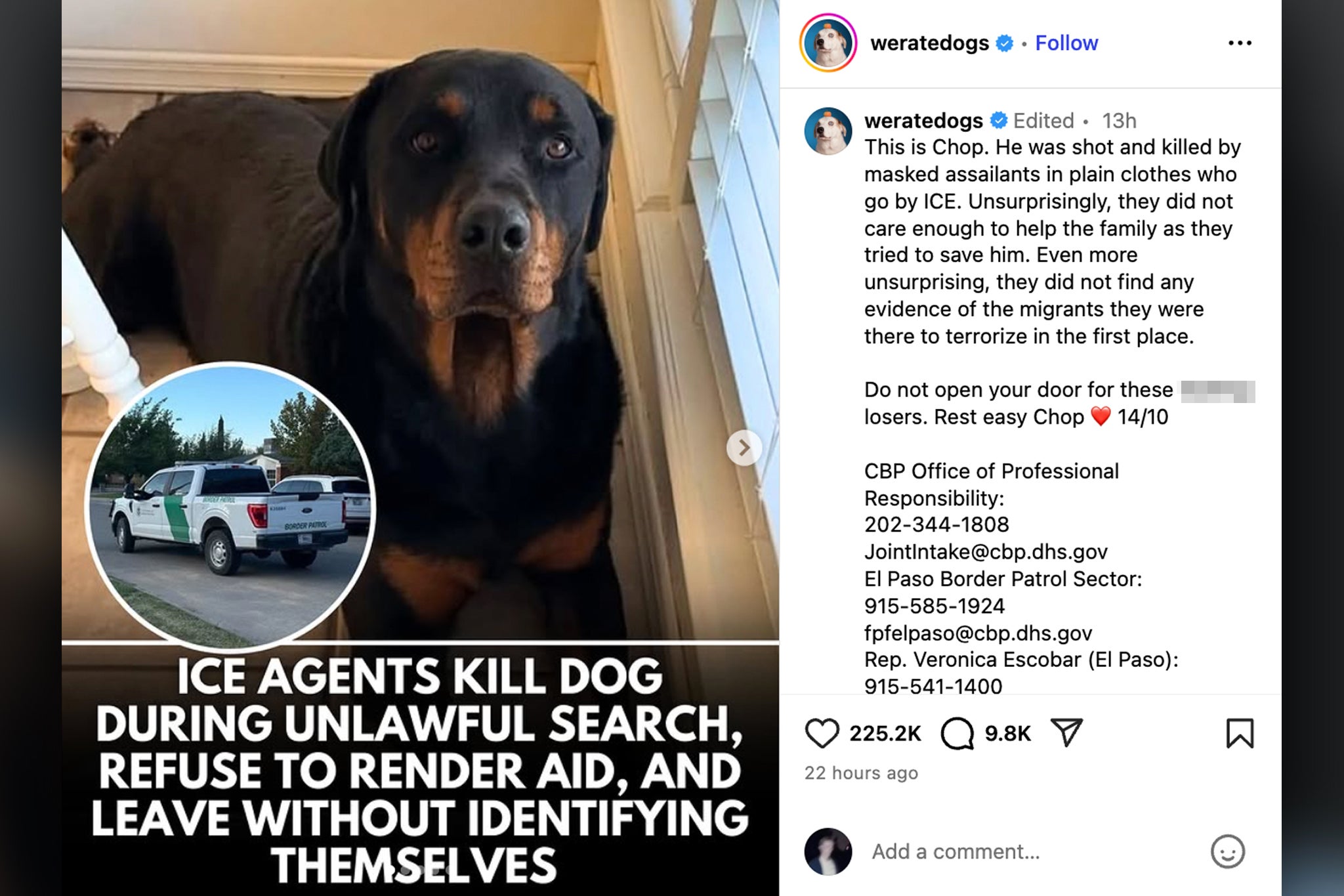 La cuenta viral WeRateDogs arremetió contra los funcionarios de inmigración después de que una familia de El Paso, Texas, alegara que los agentes dispararon y mataron a su perro el mes pasado
