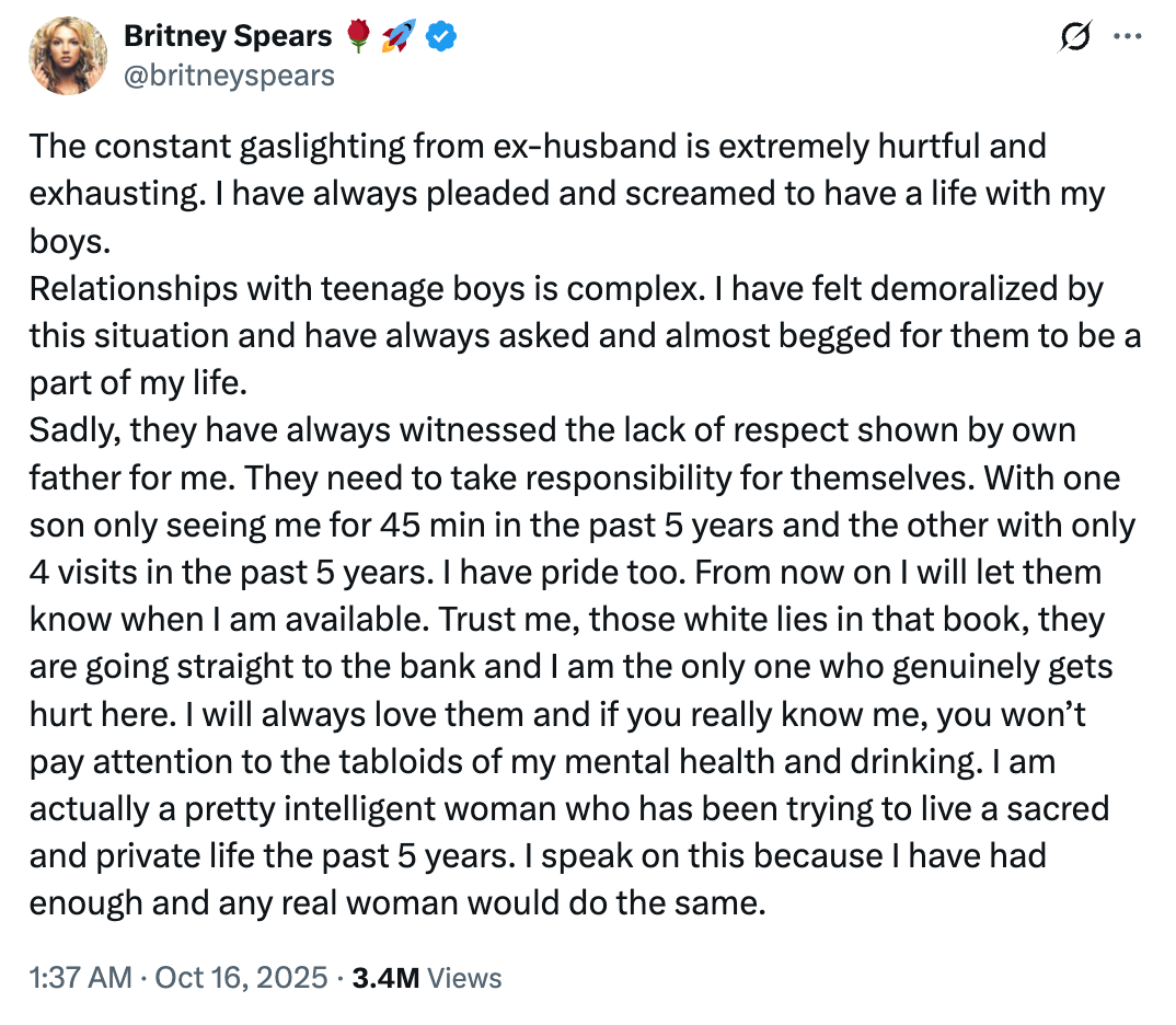 Britney Spears compartió una declaración sobre las memorias de Federline en X
