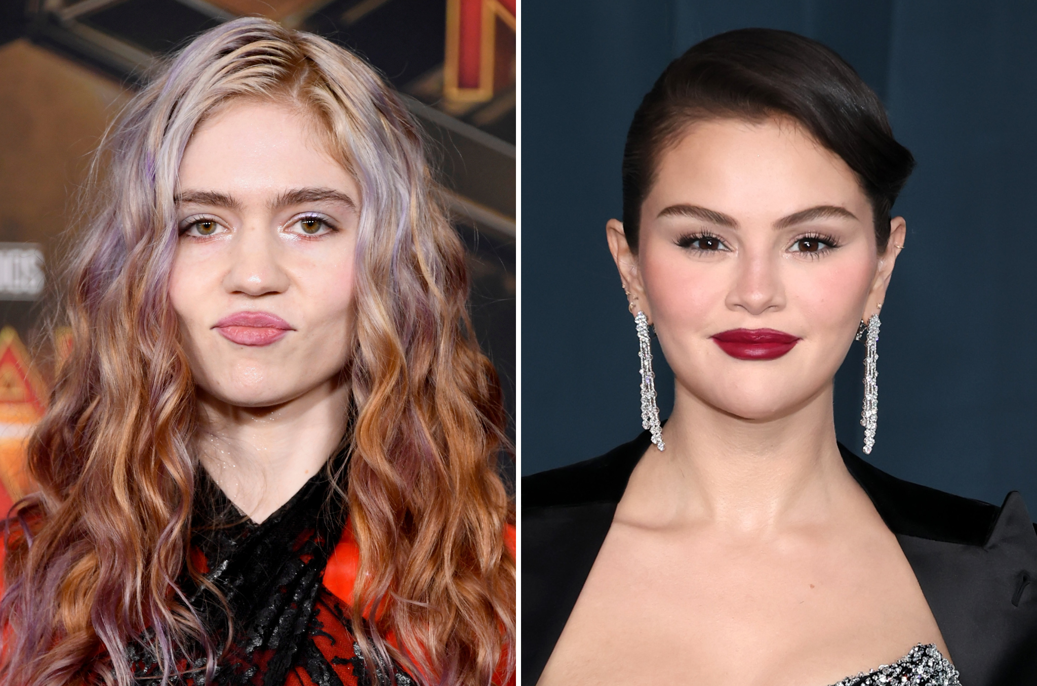 Grimes (izquierda) defendió con firmeza a Selena Gomez (derecha) del “perturbador” acoso en línea por su más reciente videoclip