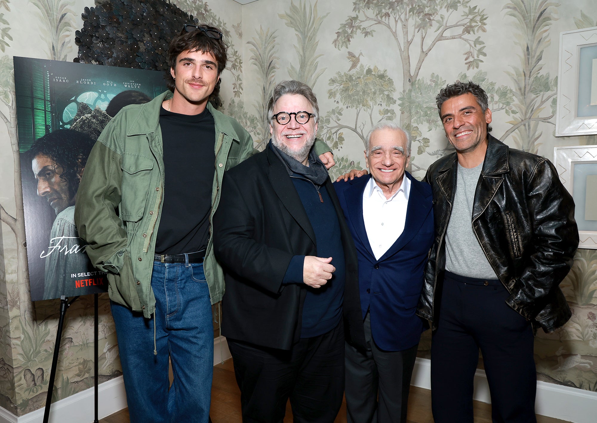 De izquierda a derecha: Elordi, Del Toro, Martin Scorsese e Isaac en un evento para ‘Frankenstein’ en Nueva York en octubre