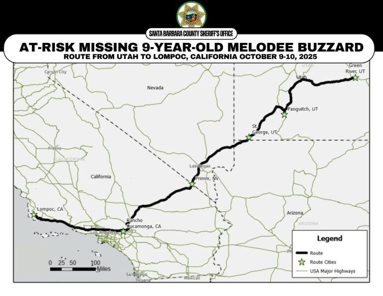 Las autoridades ya habían compartido un mapa de las paradas del vehículo de Ashlee Buzzard a lo largo de su ruta de vuelta a California, que creen que la llevó a través de Green River, Utah; Panguitch, Utah; el noroeste de Arizona; Primm, Nevada; y Rancho Cucamonga, California