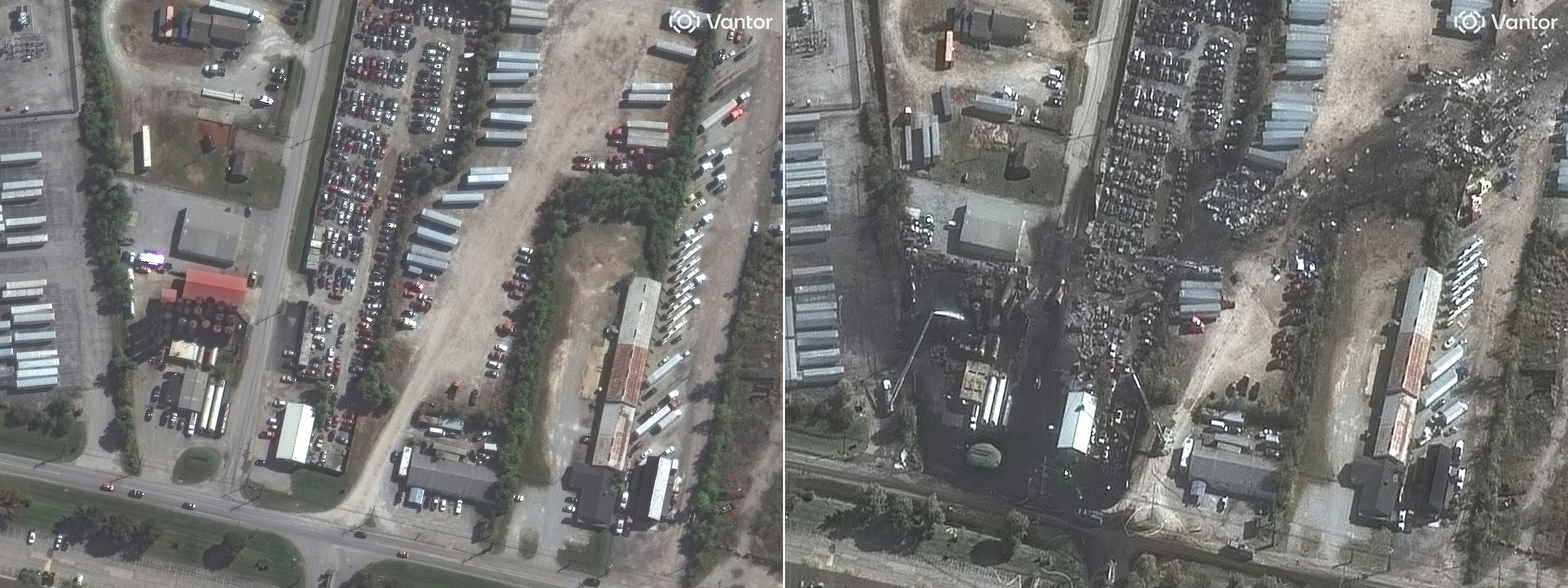 Fotos proporcionadas por Vantor muestran un estacionamiento en las instalaciones de UPS en la ciudad de Louisville antes y después de que un avión de carga MD-11 se estrellara y arrasara la zona, dejando tras de sí automóviles carbonizados y escombros