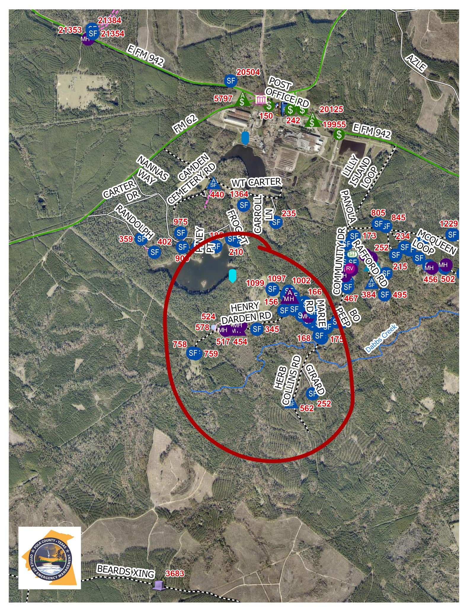 Este mapa publicado por la Gestión de Emergencias del condado de Polk muestra las posibles consecuencias de las inundaciones en la zona