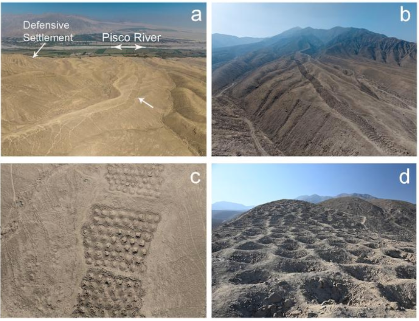 Monte Sierpe: (a - c) fotografías aéreas de la Banda de Hoyos y su entorno; (d) fotografía a nivel del suelo de los hoyos
