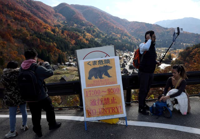 <p>Turistas toman fotos cerca de un cartel que advierte sobre osos en la aldea de Shirakawa, prefectura de Gifu, Japón</p>