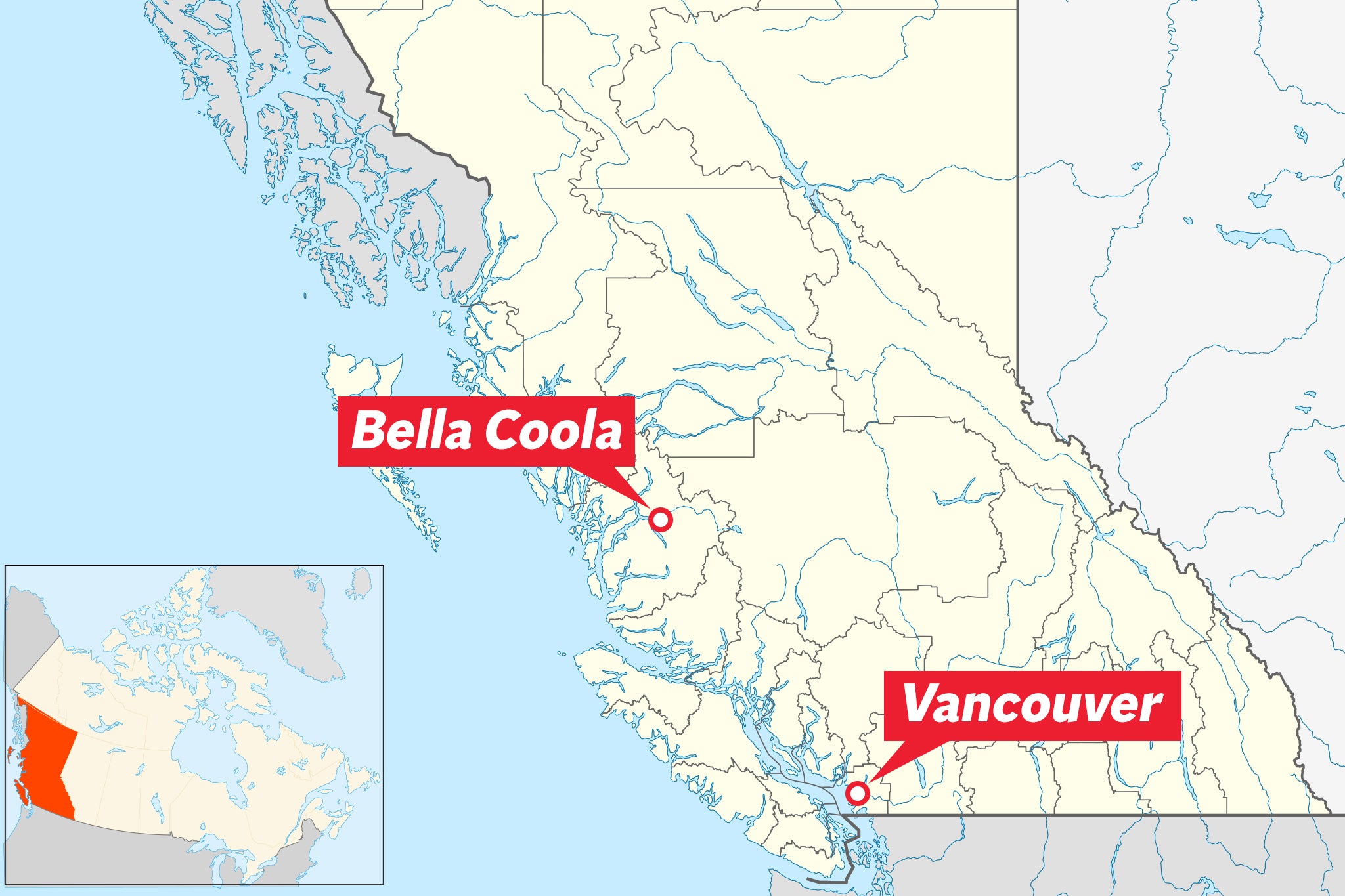 La comunidad de Bella Coola está situada a unos 1000 kilómetros al norte de Vancouver