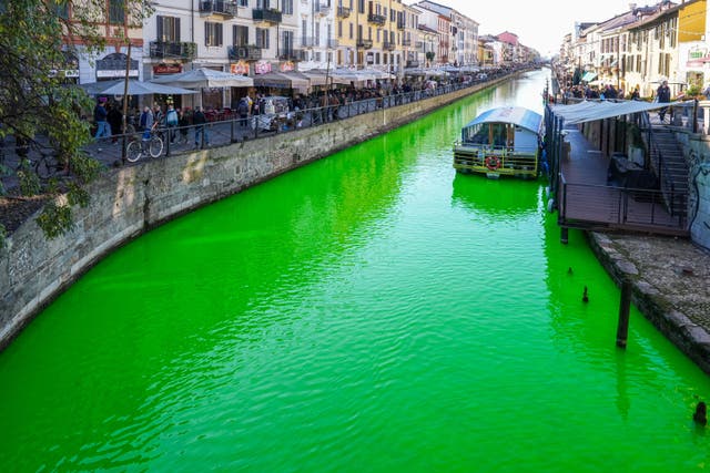 <p>El canal de Venecia fue teñido de verde por activistas del grupo Extinction Rebellion (XR)</p>