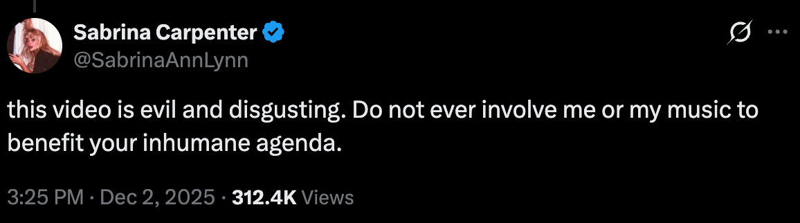 Sabrina Carpenter criticó al Gobierno de Trump por usar su música para promover lo que llamó una “agenda inhumana”