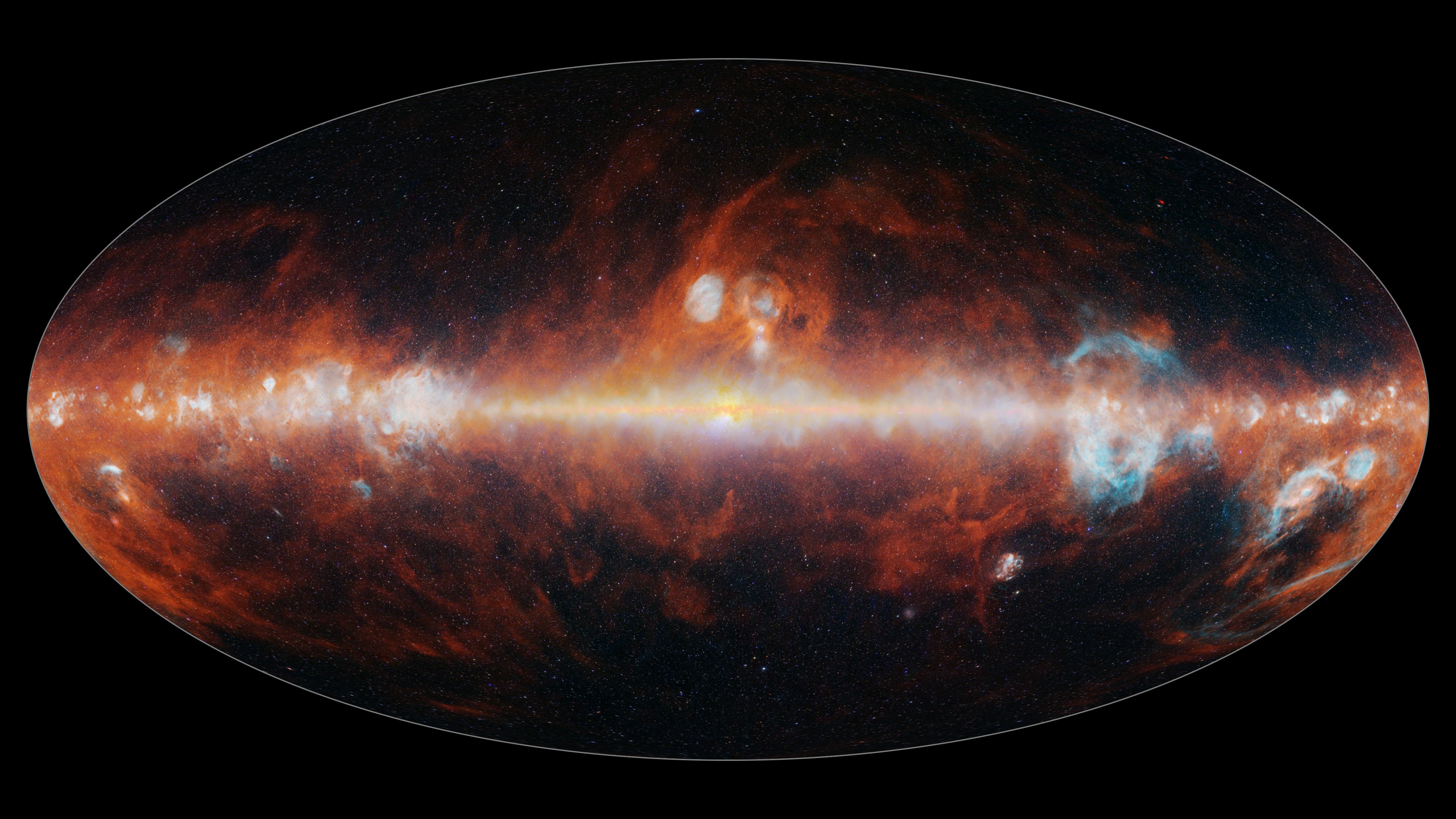 El telescopio espacial SPHEREx de la NASA cartografió todo el cielo en 102 colores infrarrojos para revelar las diferentes características del cosmos. Estrellas azules y gas hidrógeno, estrellas verdes y blancas y polvo cósmico rojo se ven en esta vista panorámica.