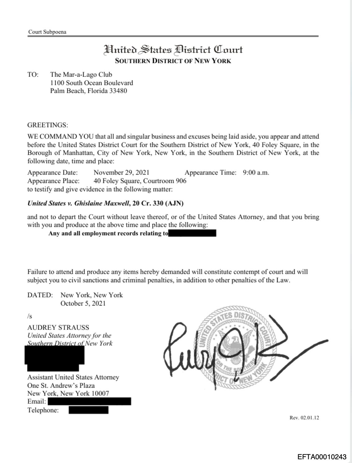 Los fiscales federales emitieron una citación judicial para el complejo Mar-a-Lago de Trump en 2021 con el fin de obtener registros de empleo mientras procesaban a Ghislaine Maxwell, según muestran los documentos