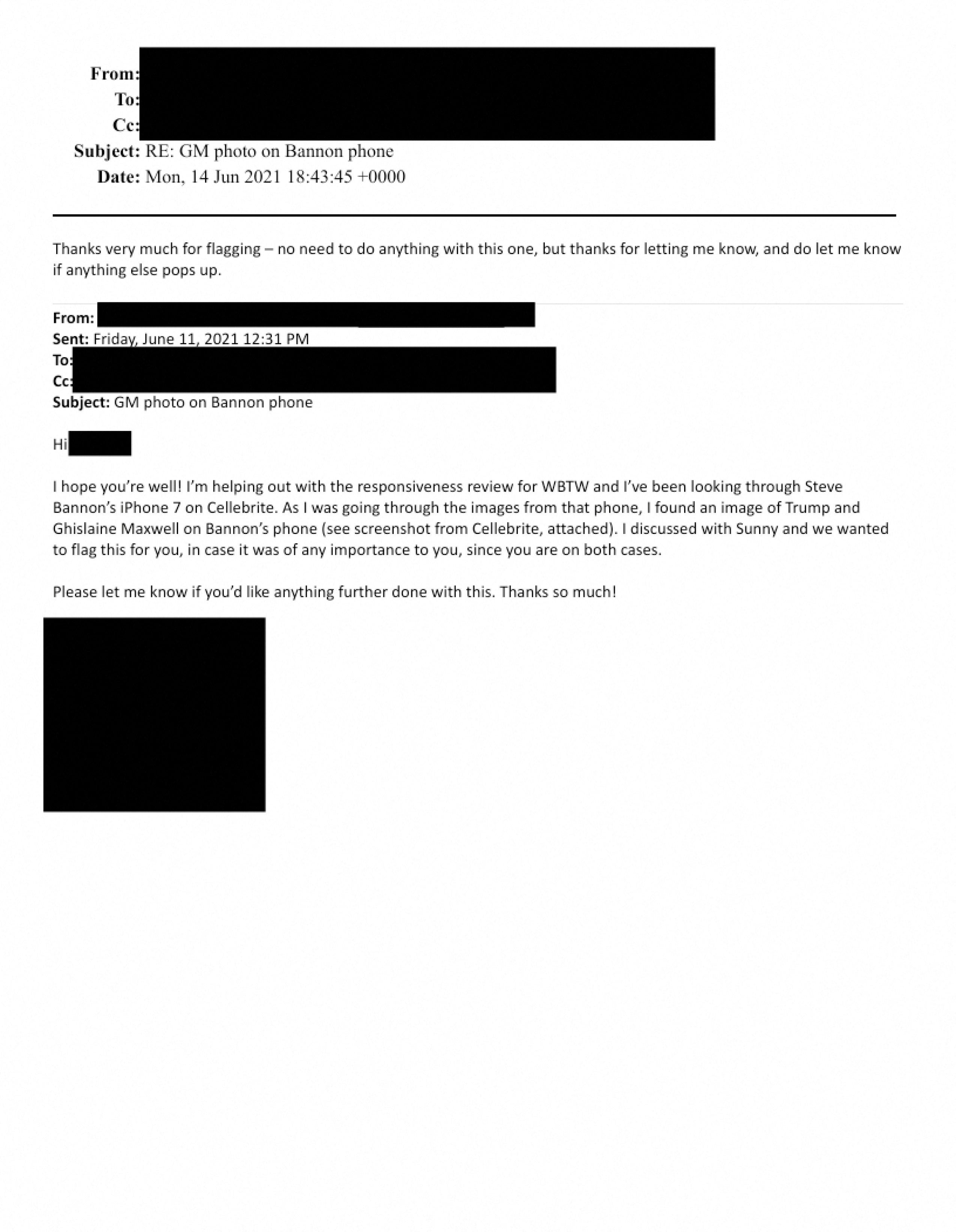 Un correo electrónico en el que se habla de una supuesta foto de Jeffrey Epstein y Donald Trump en el teléfono de Steve Bannon aparece en esta imagen difundida por el Departamento de Justicia