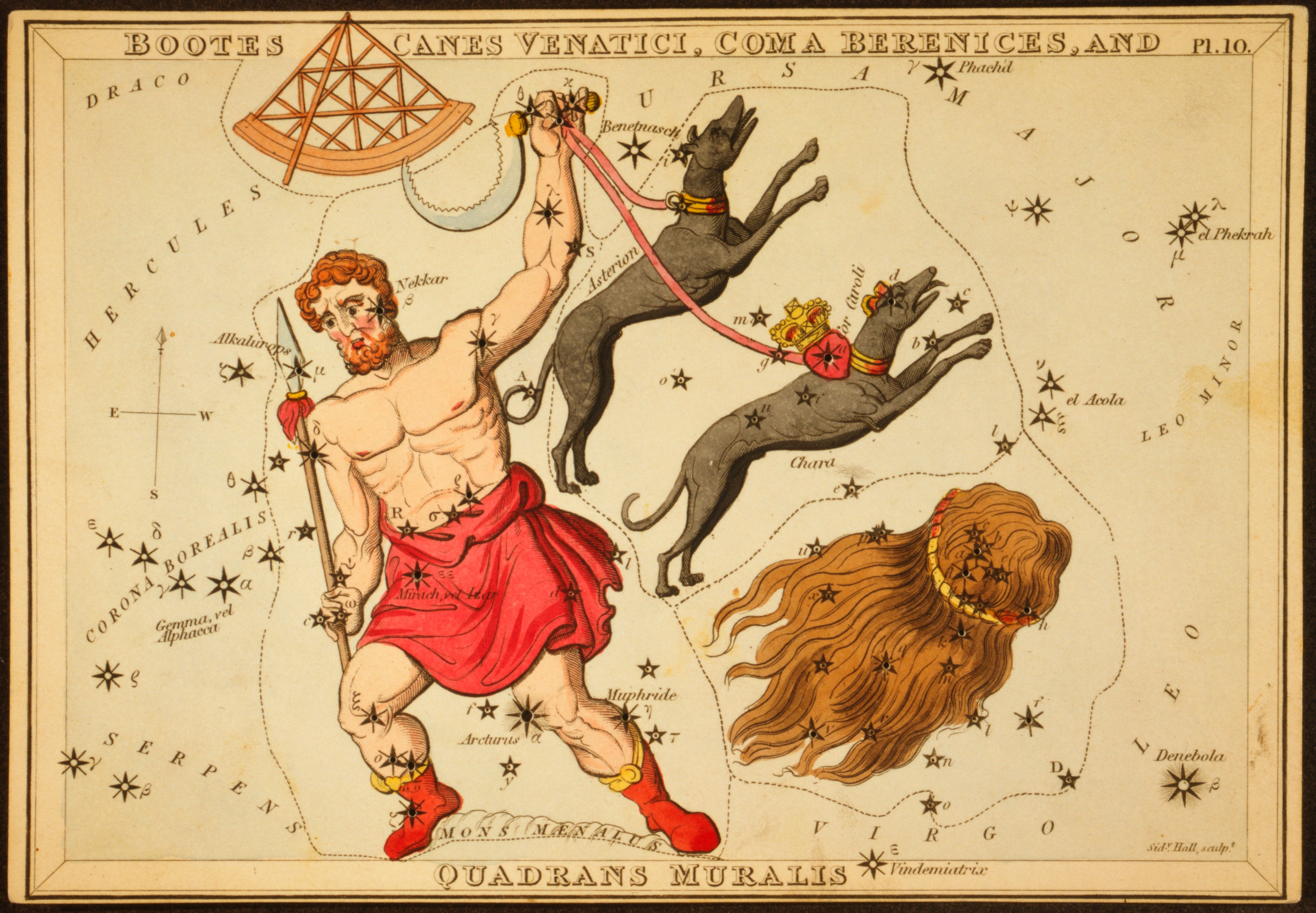 Este grabado de 1825, proporcionado por la Biblioteca del Congreso, muestra un mapa astronómico en el que Bootes, el Boyero, aparece con una lanza, una hoz y dos perros —Asterion y Chara— atados con correas, junto a un cuadrante y la cabellera de Berenice, que forman distintas constelaciones (Sidney Hall/Biblioteca del Congreso vía AP)