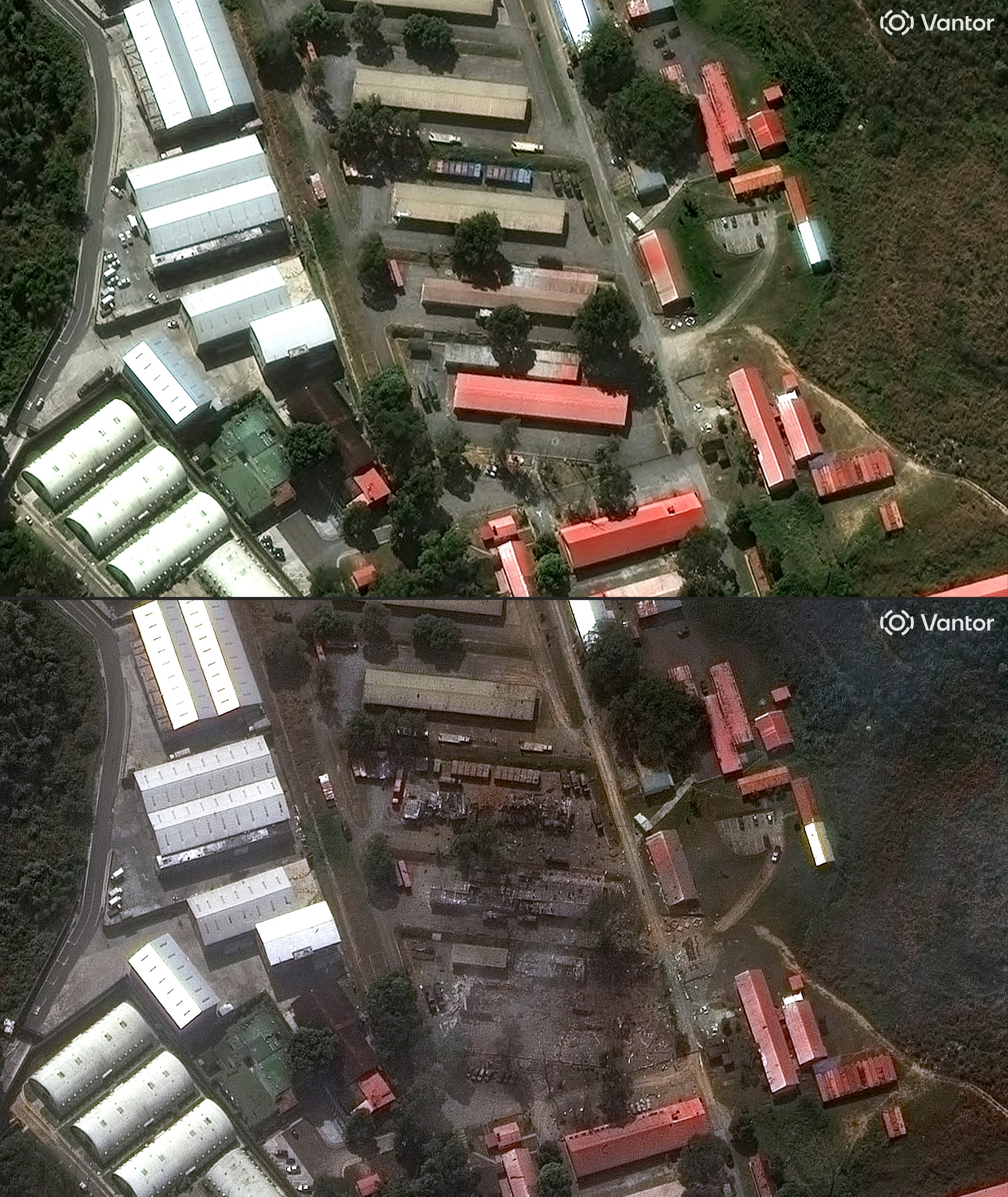 Composición de imágenes satelitales de Fuerte Tiuna, el mayor complejo militar de Venezuela, en Caracas, tomadas antes y después del operativo militar de Estados Unidos del 3 de enero de 2026