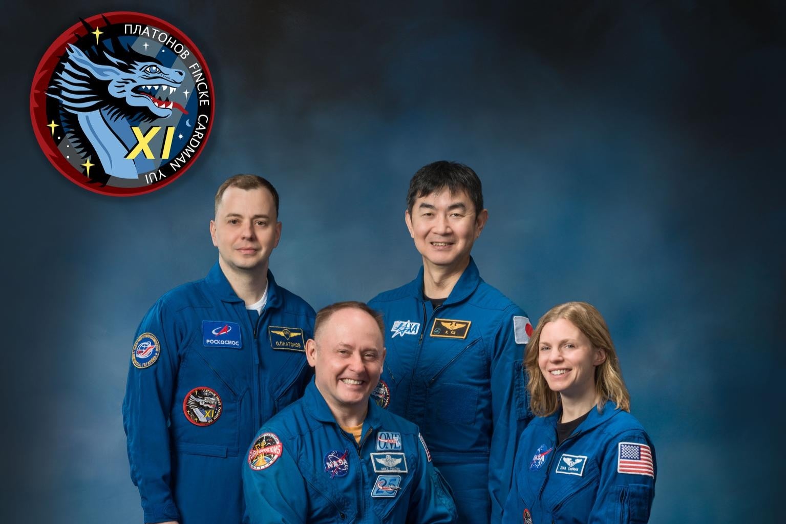 Los miembros de la tripulación 11 de SpaceX, de izquierda a derecha, son Oleg Platonov de Roscosmos, Mike Fincke de la NASA, Kimiya Yui de JAXA y Zena Cardman de la NASA