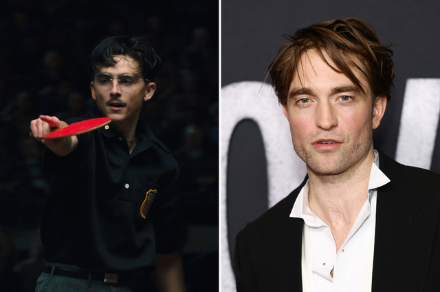 <p>Robert Pattinson (derecha) tiene un papel secundario en el drama deportivo protagonizado por Timothée Chalamet, Marty Supreme</p>