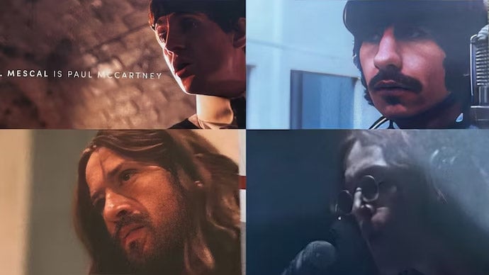 En el sentido de las agujas del reloj, desde abajo a la izquierda: Quinn como George Harrison, Mescal como Paul McCartney, Keoghan como Ringo Starr y Dickinson como Lennon