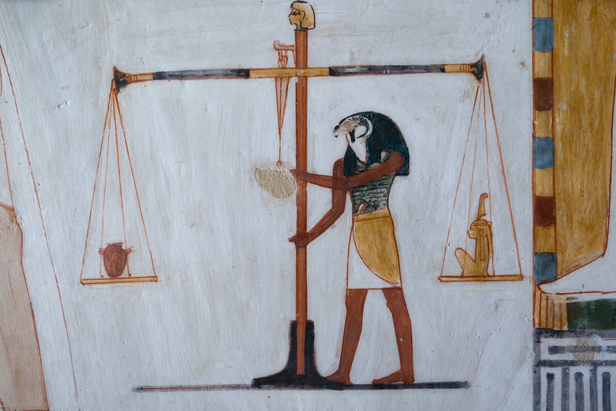 <p>El dios Horus del Antiguo Egipto pesa un corazón contra Maat en el juicio final.</p>